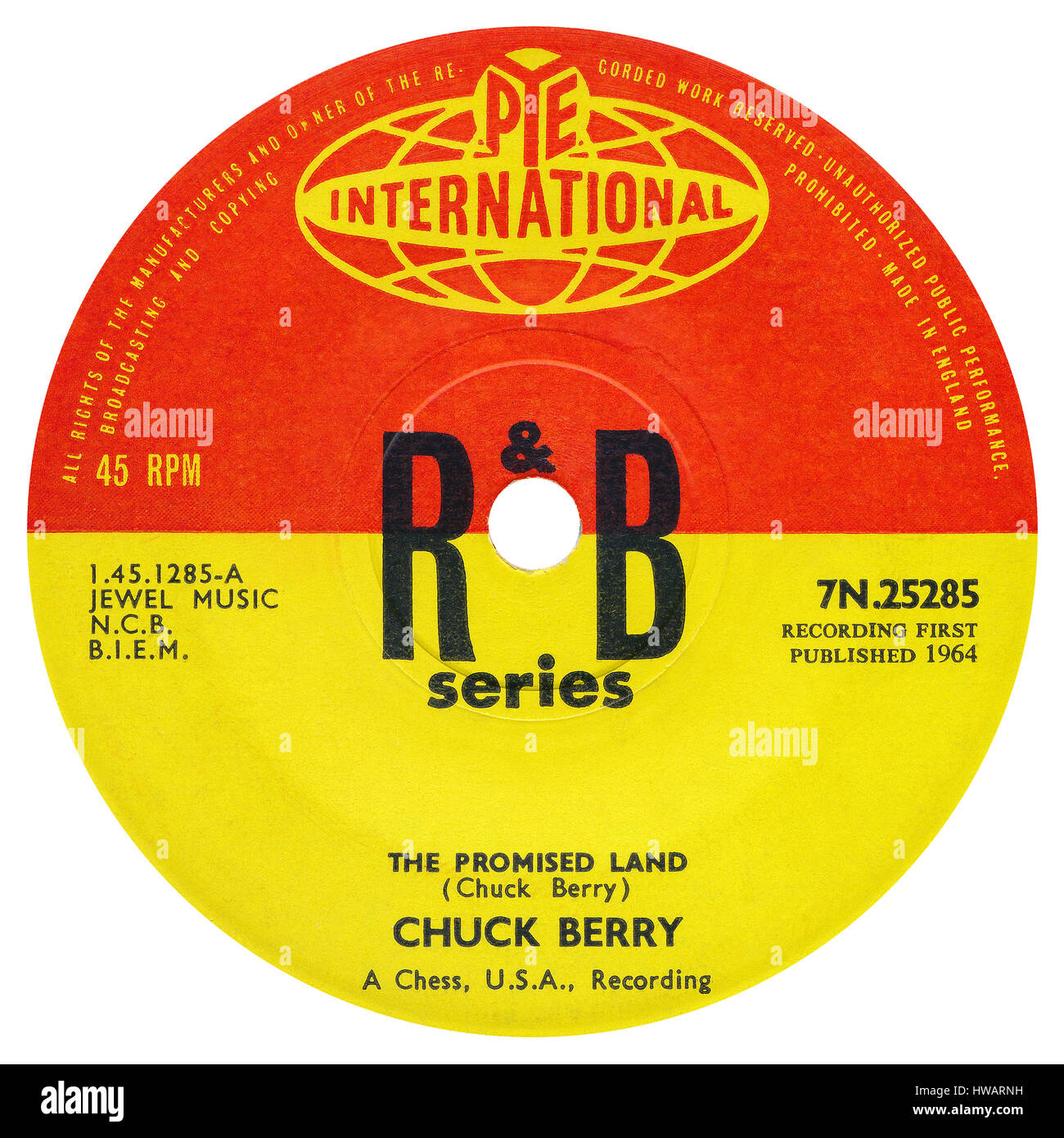 45 u/min 7' UK Plattenlabel The Promised Land von Chuck Berry auf dem Etikett Pye International ab Januar 1965. Stockfoto