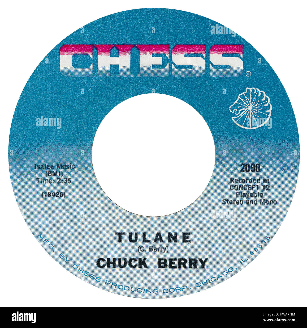45 u/min 7' U.S. Plattenlabel der Tulane von Chuck Berry auf dem Schach-Etikett von April 1970. Stockfoto