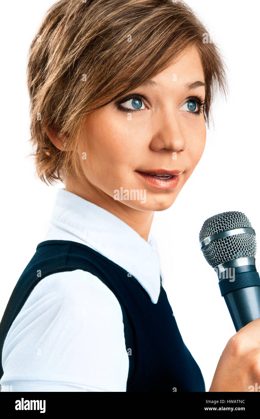 TV-Korrespondent auf weißem Hintergrund Stockfoto