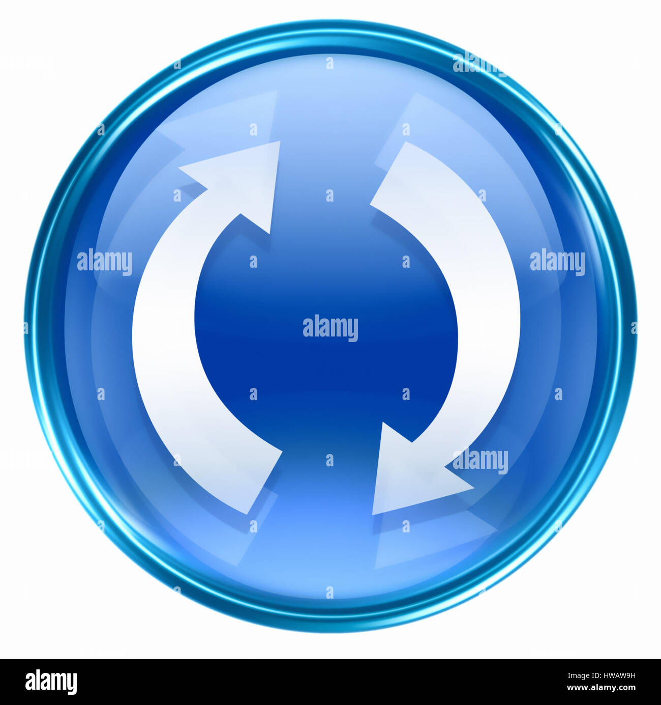 Aktualisieren Sie Symbol blau, isoliert auf weißem Hintergrund. Stockfoto