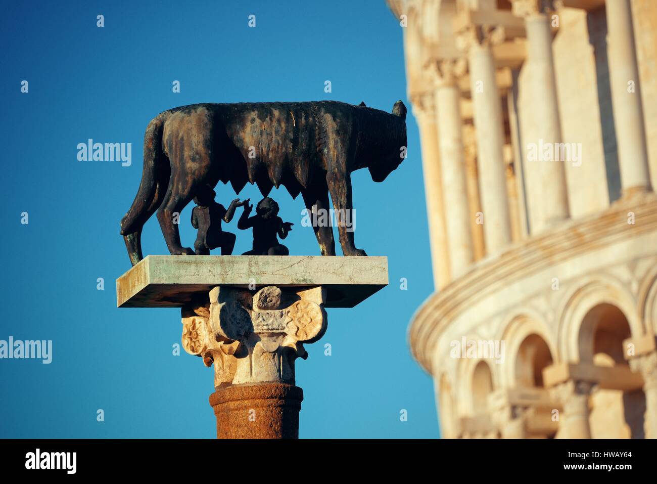 Schiefe Turm mit Kapitolinischen Wölfin (oder Sie - Wolf) Skulptur in Pisa, Italien als die weltweit bekannten Wahrzeichen. Stockfoto