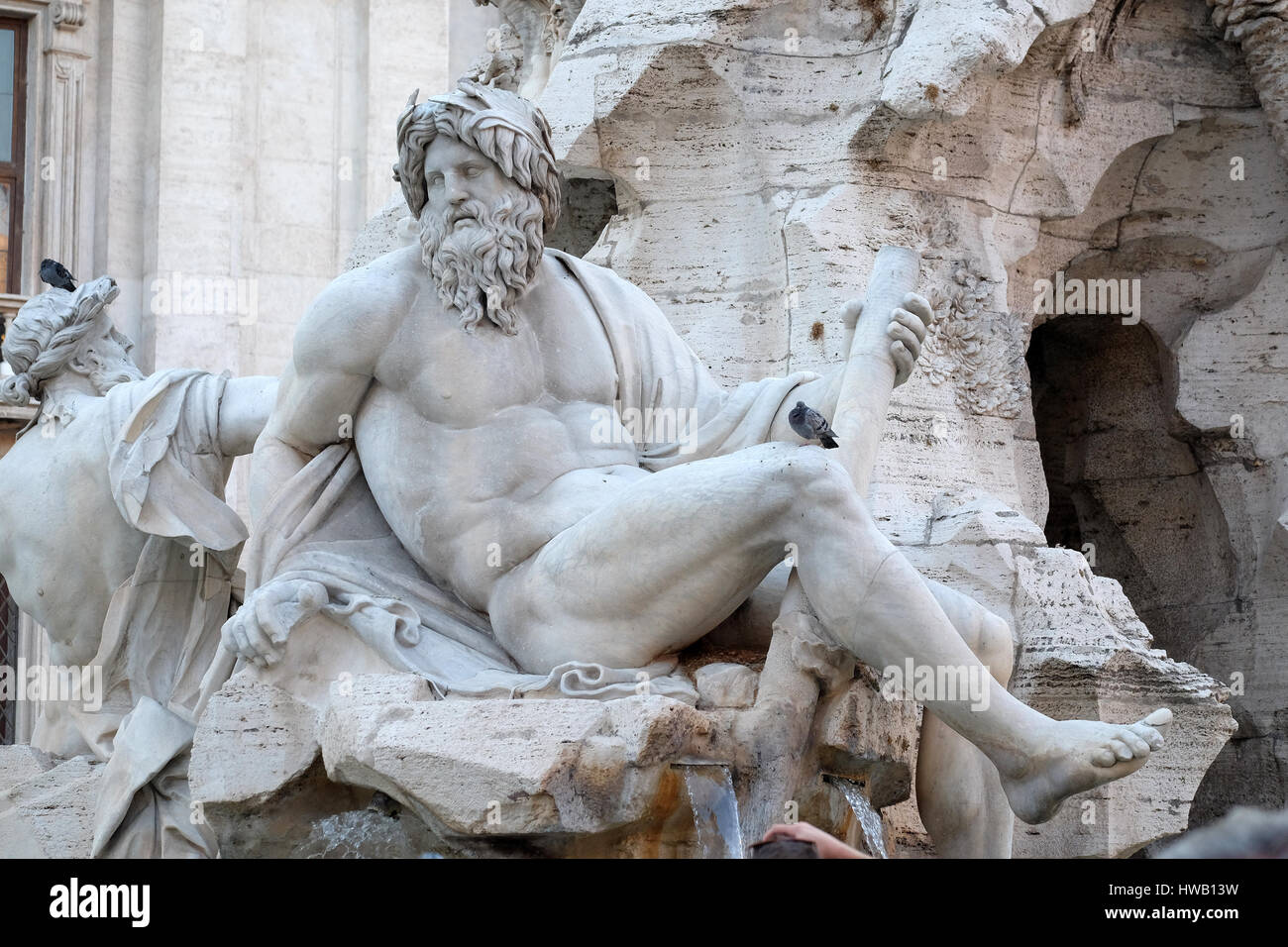 Piazza Navona, Brunnen der vier Flüsse Details zeigt der Flussgott Ganges von Gian Lorenzo Bernini, Rom, Italien Stockfoto