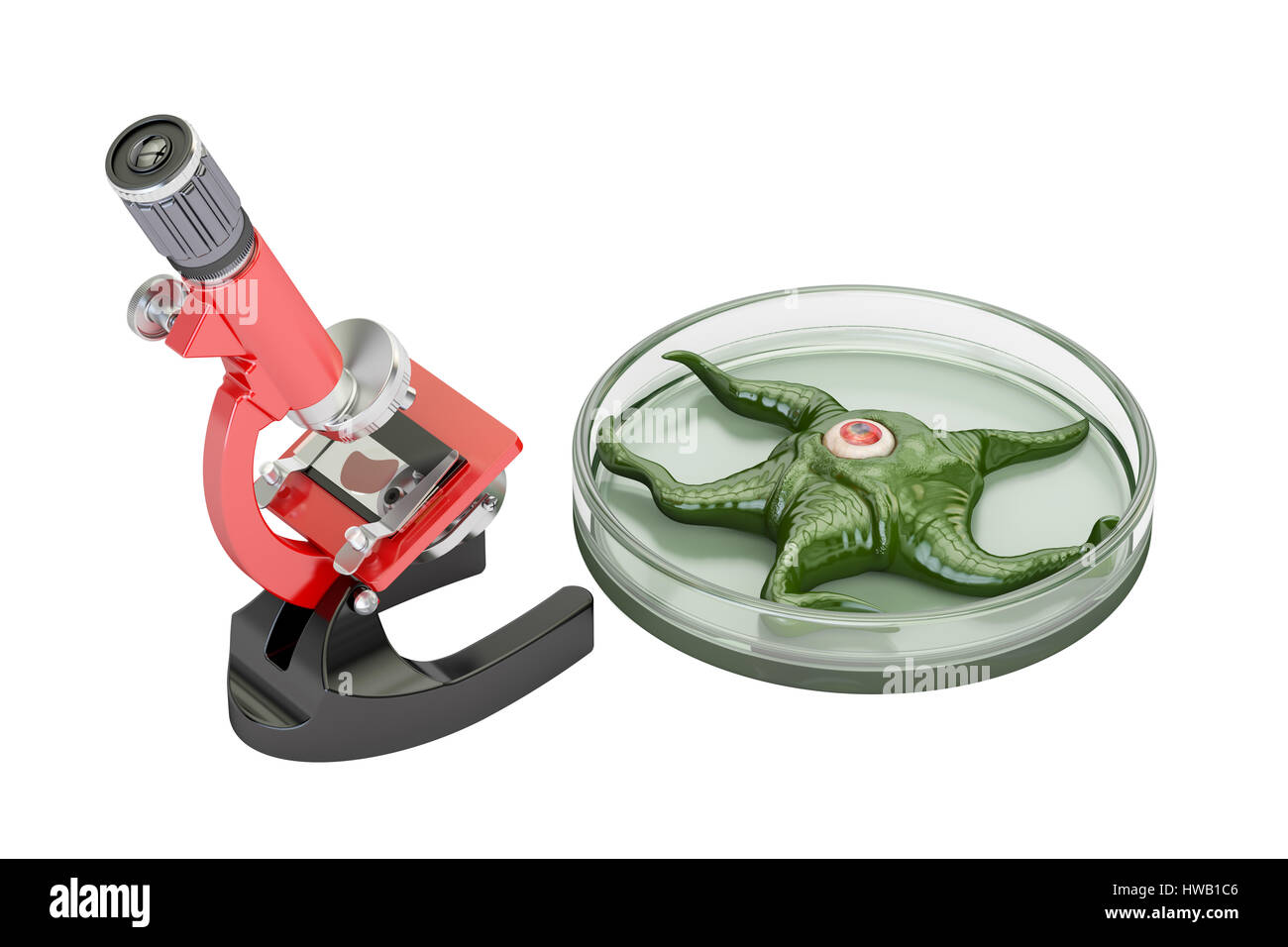 Labor-Mikroskop mit lebenden Organismus, wissenschaftliche Experimente und Entdeckungen Konzept. 3D-Rendering Stockfoto