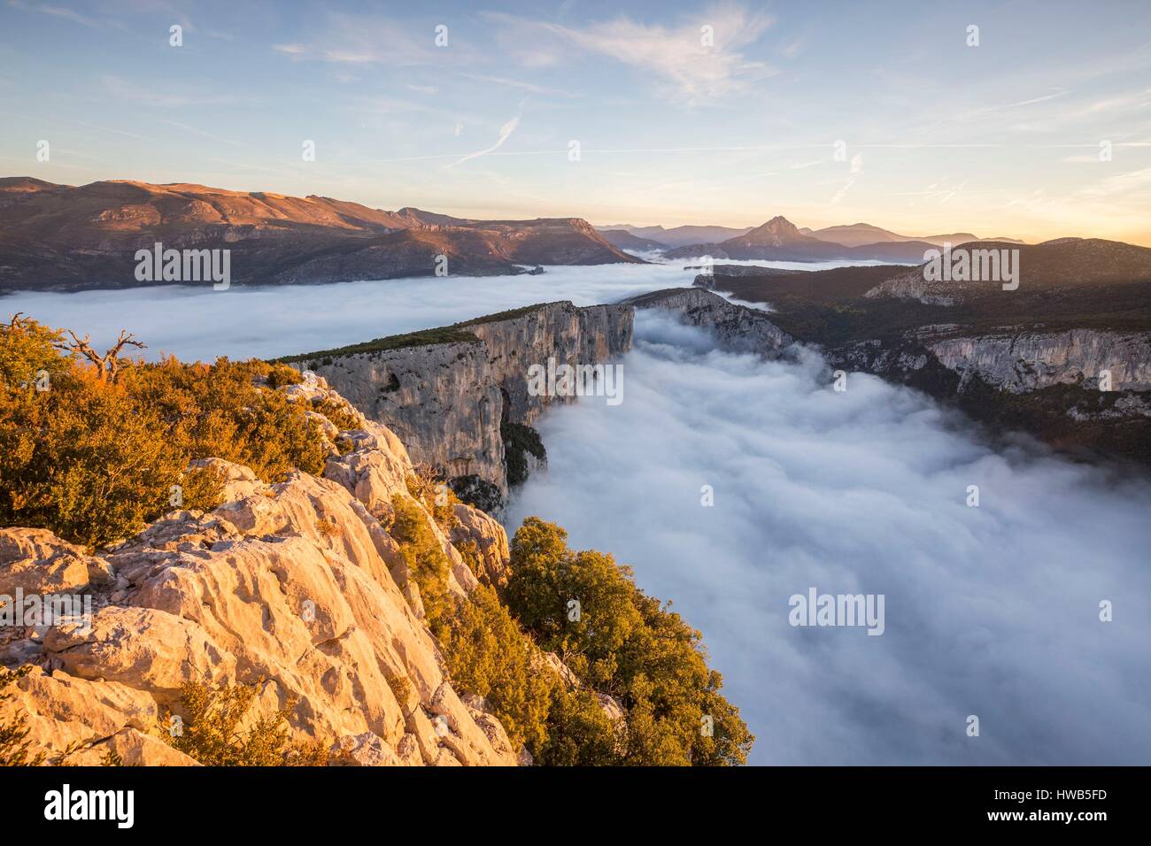 Frankreich, Alpes-de-Haute-Provence, regionalen Naturpark von Verdon, Grand Canyon von Verdon, Klippen von Barres von Escalès vom Belvedere von Dent gesehen d'Aire, morgen Herbst Nebel Stockfoto