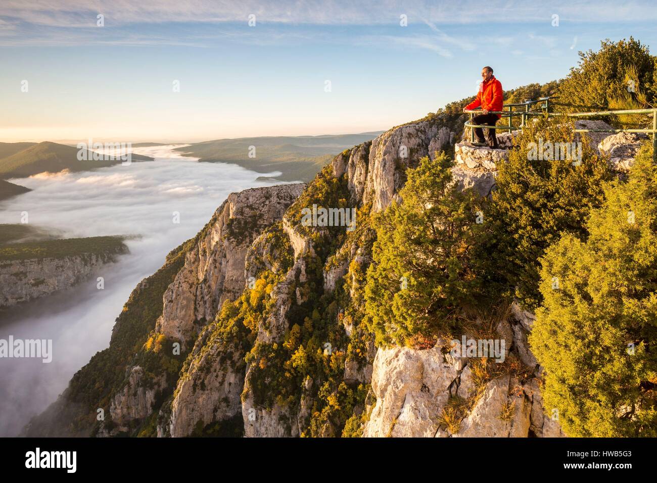 Frankreich, Alpes-de-Haute-Provence, regionalen Naturpark von Verdon, Grand Canyon von Verdon, Klippen von Barres von Escalès vom Belvedere von Pas de la Bau gesehen, morgen Herbst Nebel Stockfoto