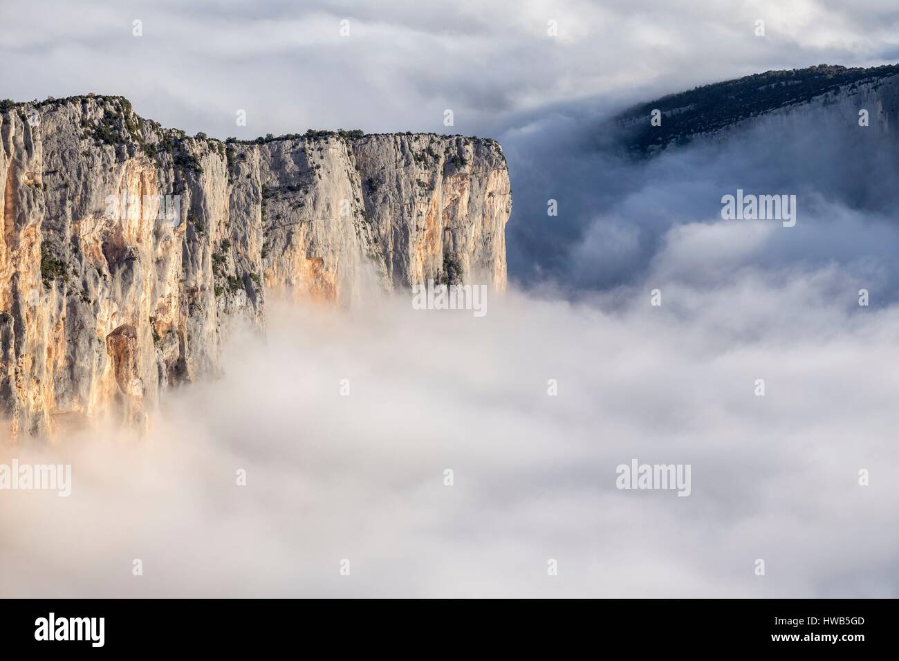 Frankreich, Alpes de Haute-Provence, regionalen Naturpark des Verdon, Grand Canyon du Verdon, Klippen des Barres Escalès, morgen im Herbst Nebel Stockfoto