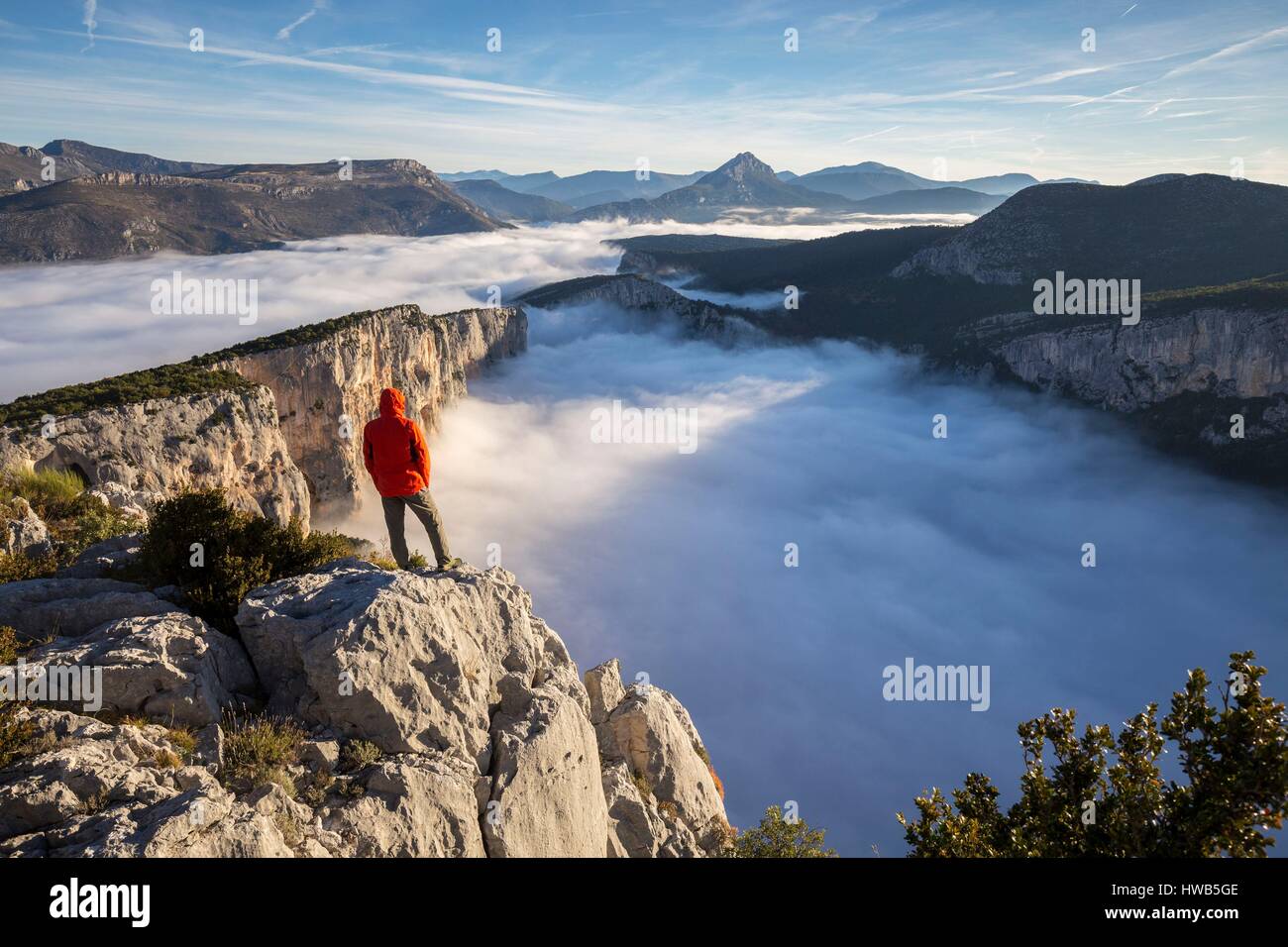 Frankreich, Alpes-de-Haute-Provence, regionalen Naturpark von Verdon, Grand Canyon von Verdon, Klippen von Barres von Escalès vom Belvedere von Dent gesehen d'Aire, morgen Herbst Nebel Stockfoto