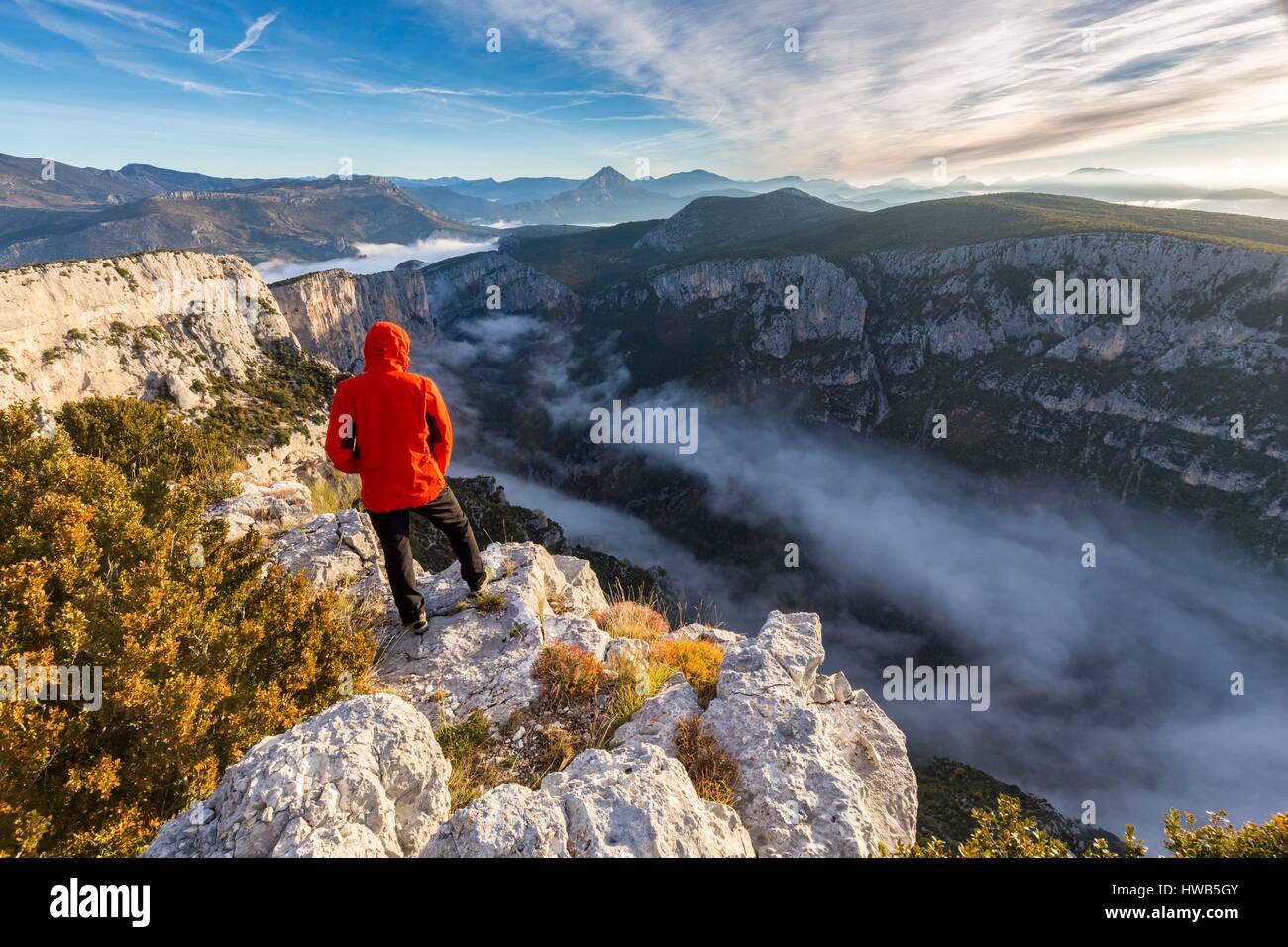 Frankreich, Alpes-de-Haute-Provence, regionalen Naturpark von Verdon, Grand Canyon von Verdon, Klippen von Barres von Escalès vom Belvedere von Pas de la Bau gesehen Stockfoto