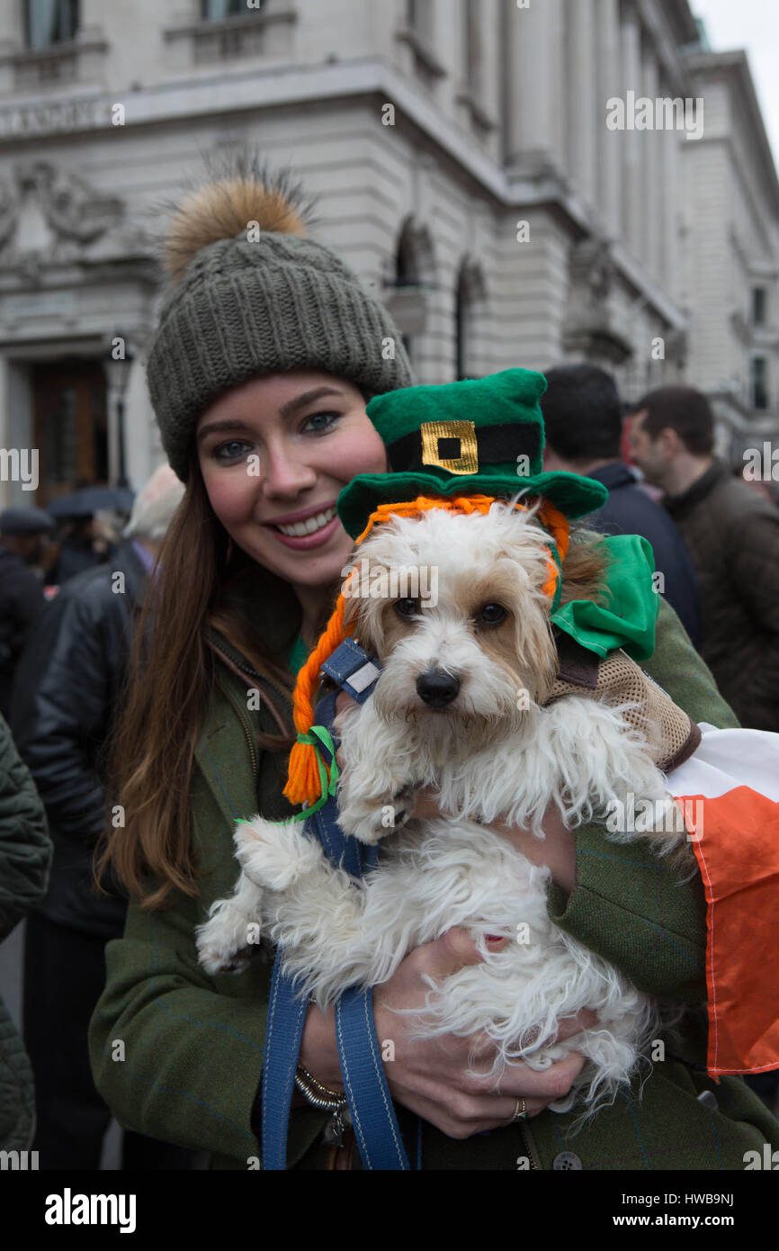 London, UK. 19. März 2017. St Patricks Festival Parade Teilnehmer alle verkleiden sich mit ihren Hut auf Meli Hund Credit: Brian Southam/Alamy Live News Stockfoto