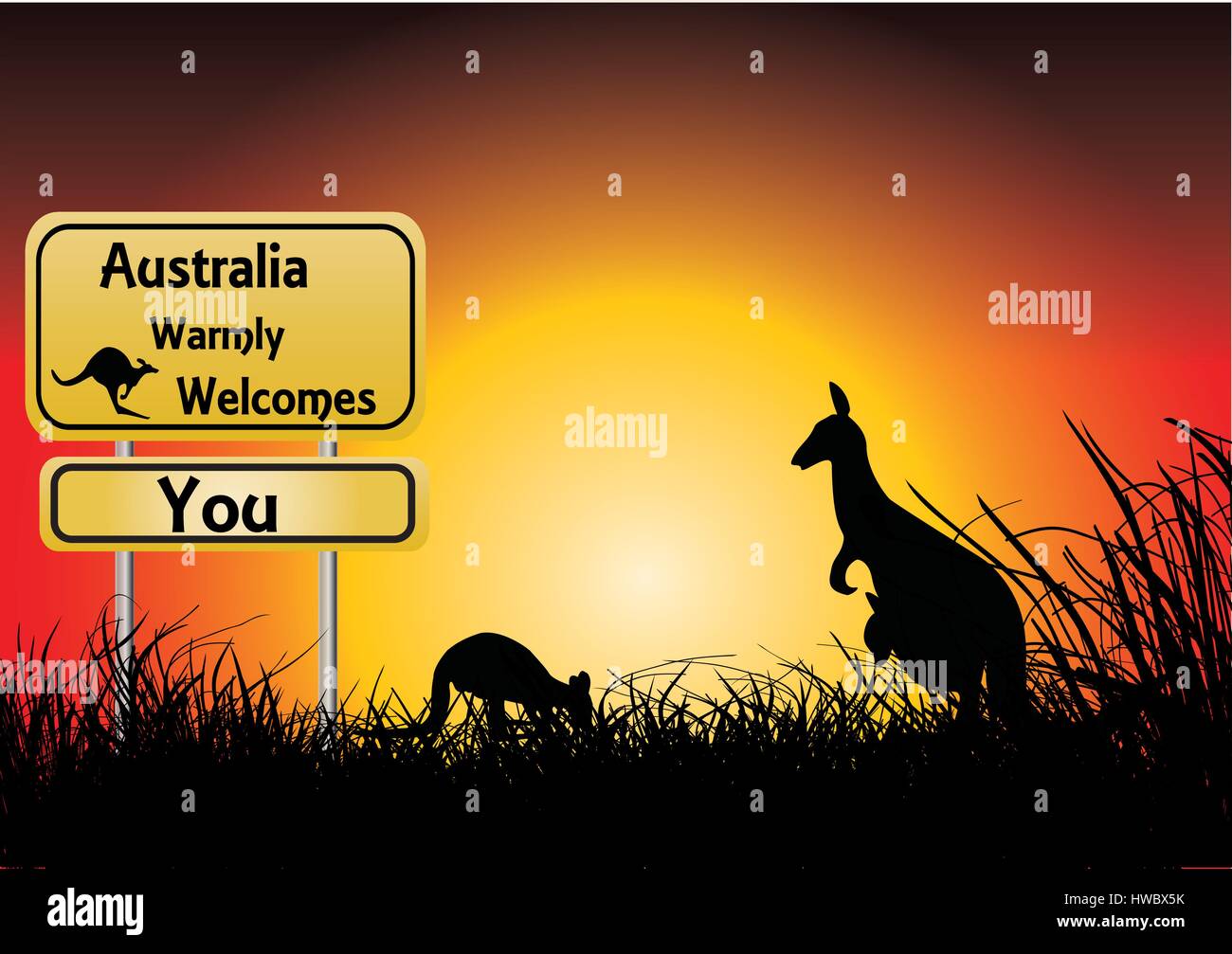 Gelbes Schild Australien heißen Sie herzlich willkommen mit einem Känguru und Sonnenuntergang im Hintergrund Stock Vektor