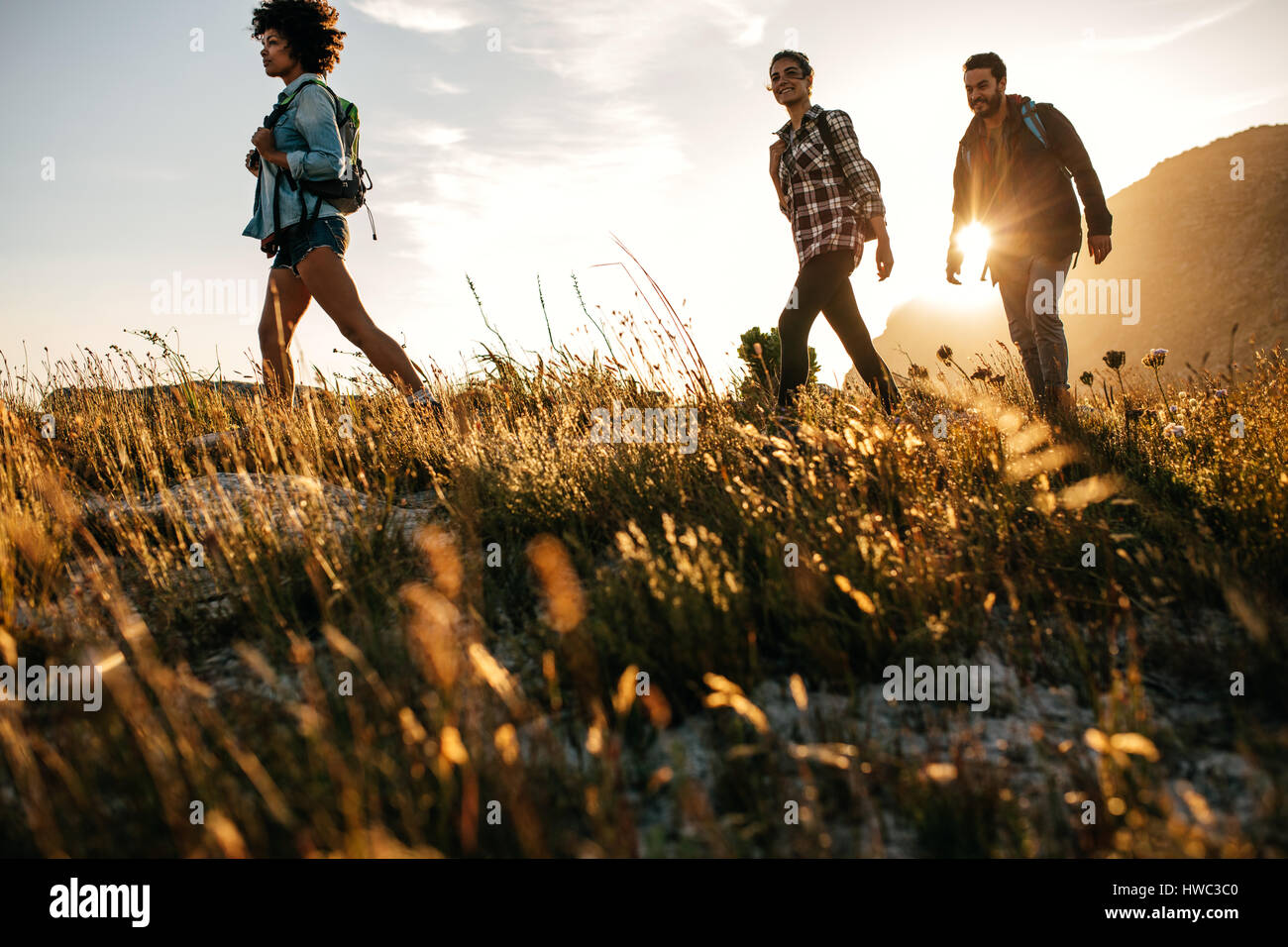 Drei junge Freunde auf ein Land gehen. Gruppe von Personen, die durch die Landschaft wandern. Stockfoto