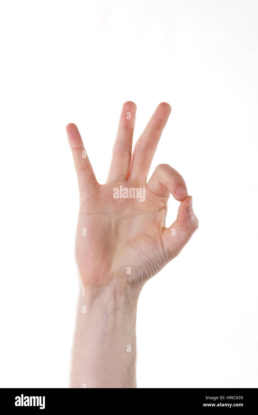 Stock Foto - Gesten der rechten Hand a-OK oder Okay, isoliert auf weiss Stockfoto