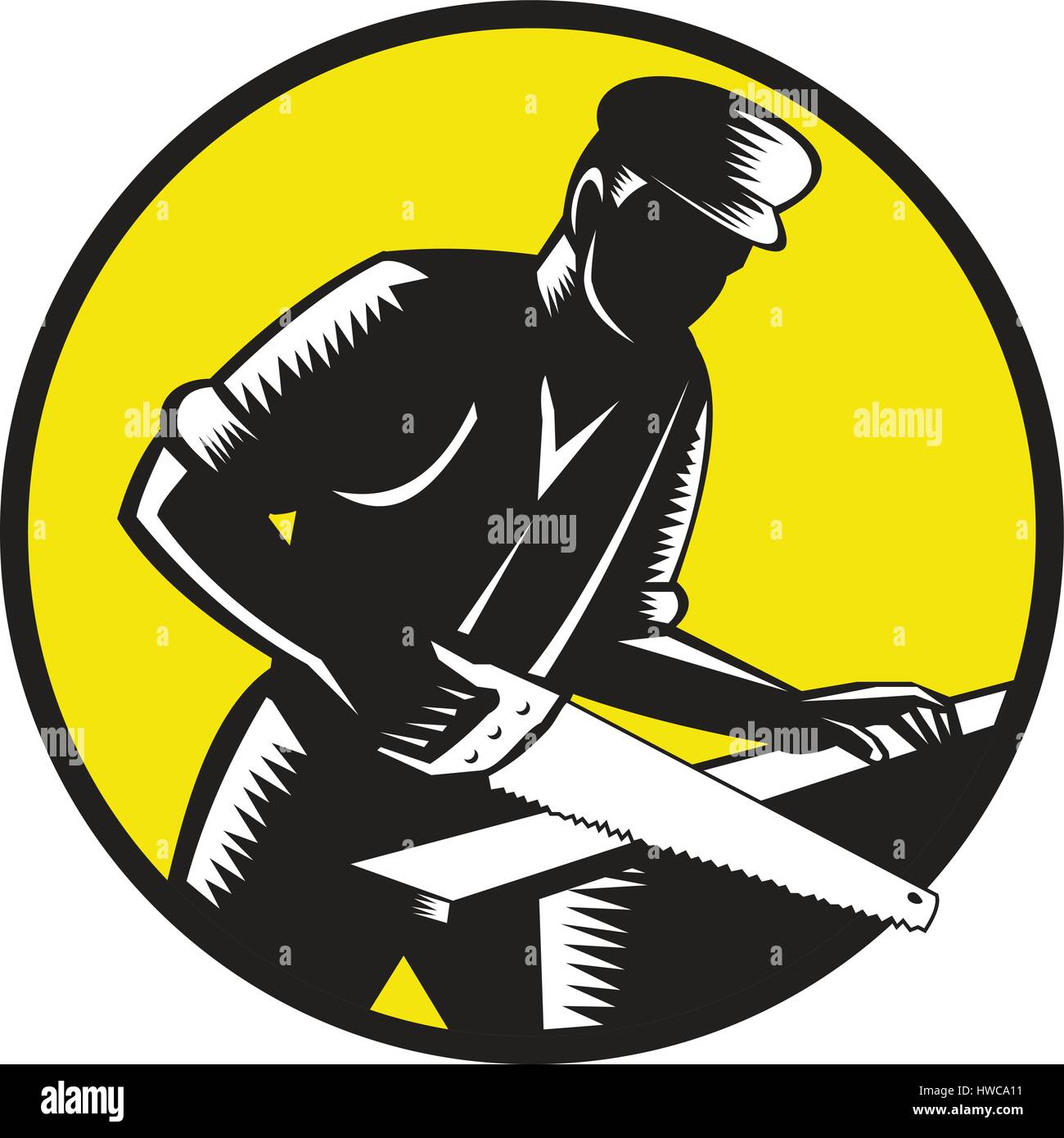Abbildung aus dem 19. Jahrhundert Tischler Builder halten tragen Hut Sägen von Holz im inneren Kreis in Retro-Holzschnitt Stil getan. Stock Vektor