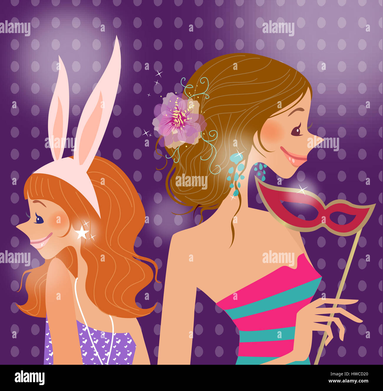 Braune Haare, sportliche Kleidung, Nahaufnahme, Farbe, Bild, Computer Graphics, Grafik, digital erzeugten Bild, Ohrring, Augenmaske, Mädchen, Haarband, Holding, horizontale, Illustration, Vector, Clip Art, im Innenbereich, ohne Suchen, Halskette, Disco, Party, Kaninchen Stockfoto