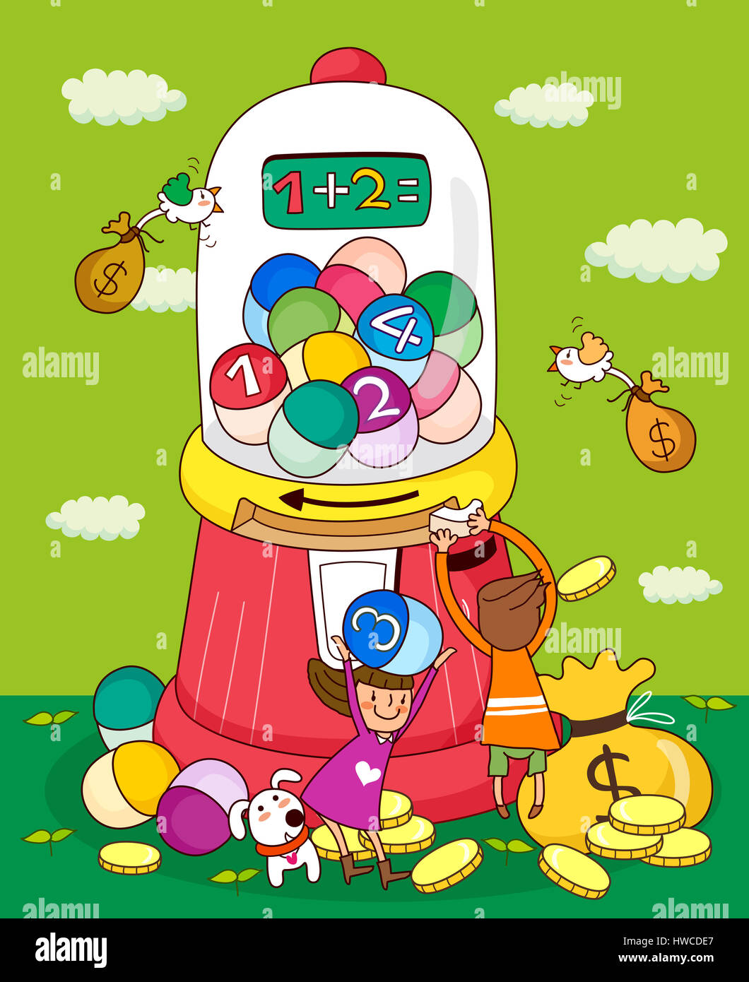 Arme angehoben, Vogel, Vogel, braunes Haar, Süßigkeiten, tragen, tragen am Kopf, lässige Kleidung, Kinder nur, Cloud, Münze, Münzen, Farbe Bild, Computer Graphic, Zählen, Tag, Hund, Dollar Stockfoto