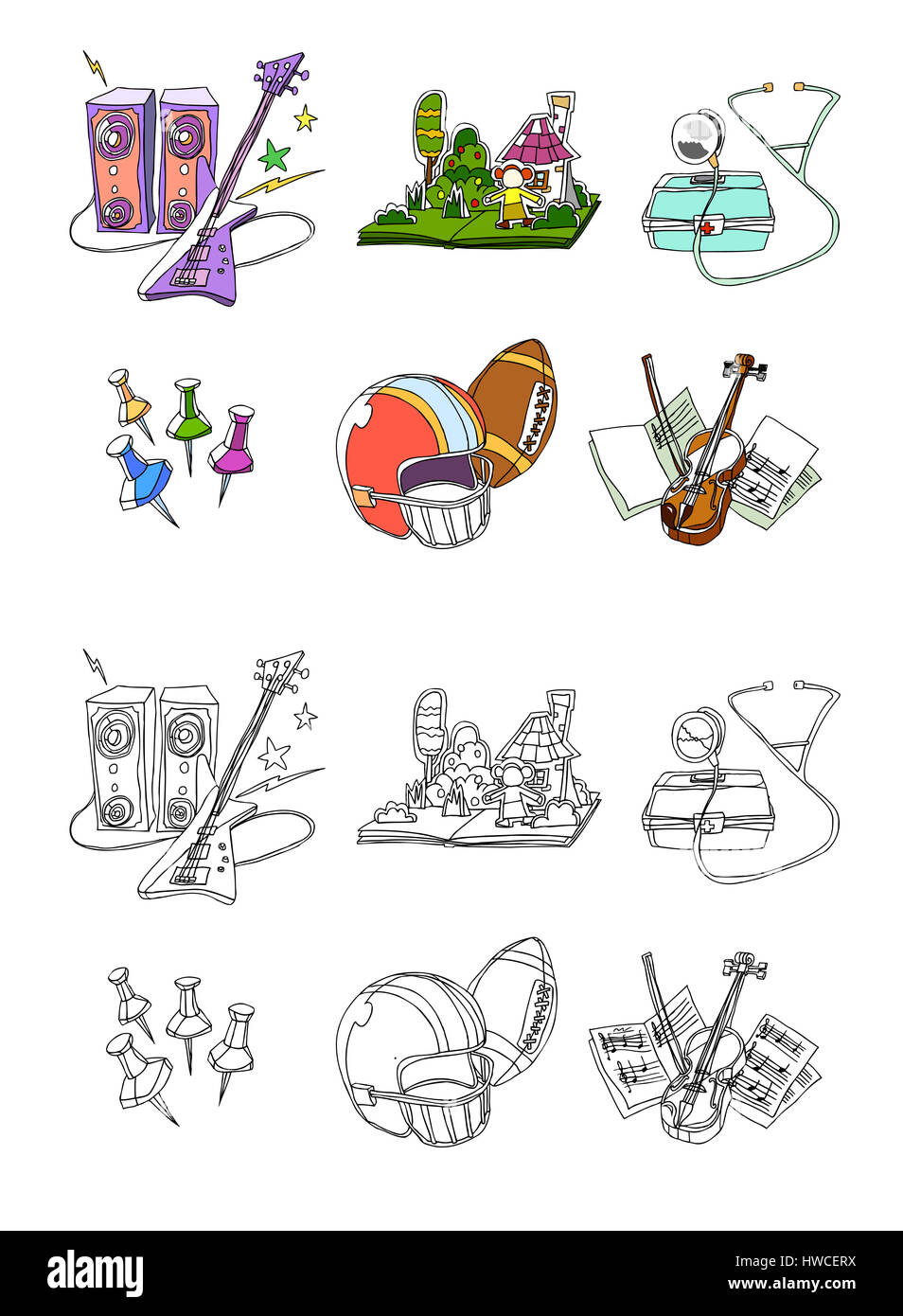 Anordnung, Kunst, Kultur und Unterhaltung, bizarr, Sammlung, Farbbild, Konzepte, Kreativität, Darstellung, Display, elektrische, Erste Hilfe Kit, Rahmen, Vorderansicht, Vorgarten, Gras, grün, Gitarre, Healthcare und Stockfoto