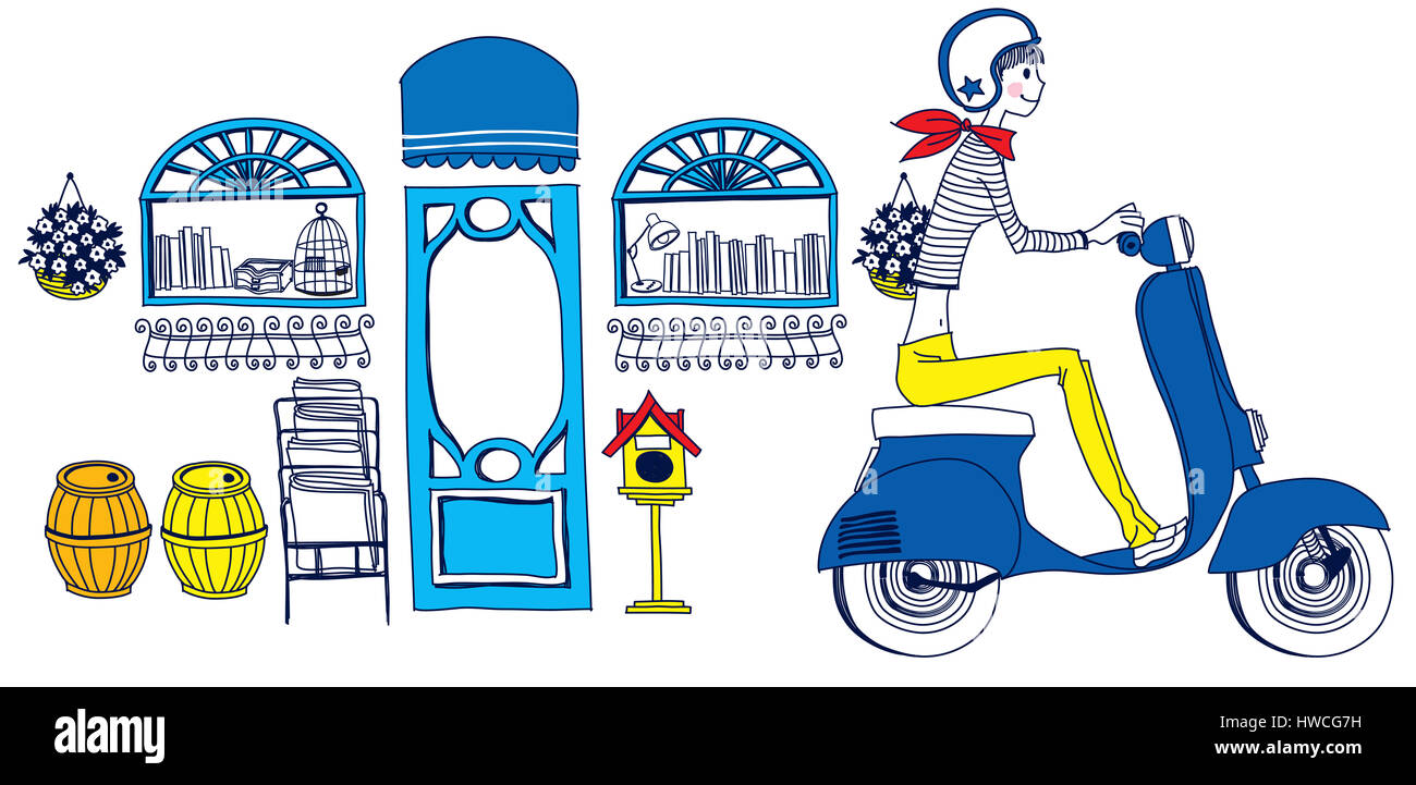 Kunst, Fass, Vögel trap, Buch, legere Kleidung, Farbe, Bild, Konzepte, Kreativität, digital erzeugten Bild, Frisiertisch, Fahren, weibliche Gestalt, Helm, horizontal, menschliche Darstellung, Ideen, Abbildung und Stockfoto