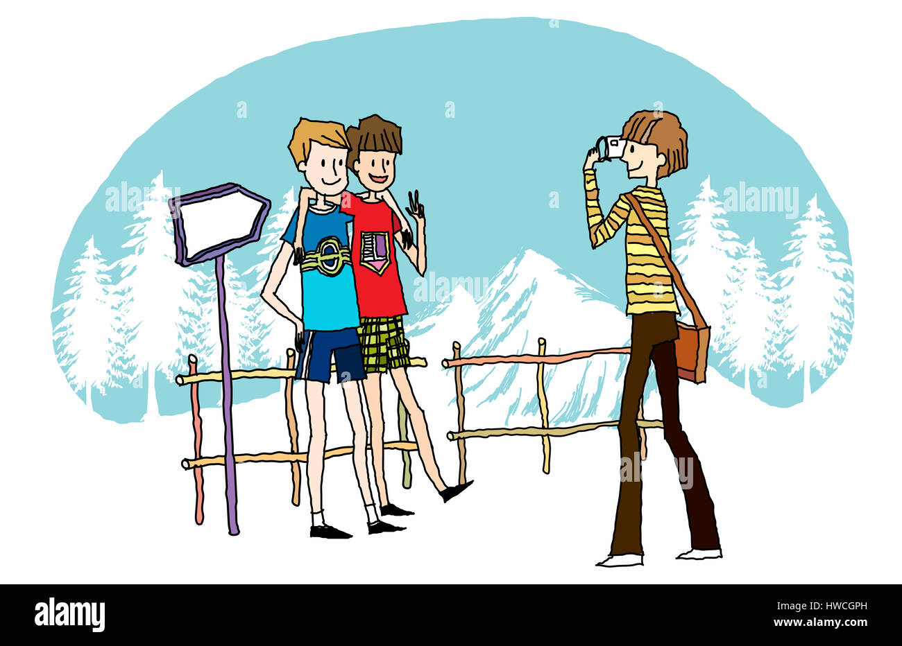 Kunst, Schönheit in der Natur, Jungen, Kamera, legere Kleidung, Kälte, Farbbild, Konzepte & Themen, Tag, elementare Alter, Genuss, Zaun, Freundschaft, voll Stockfoto