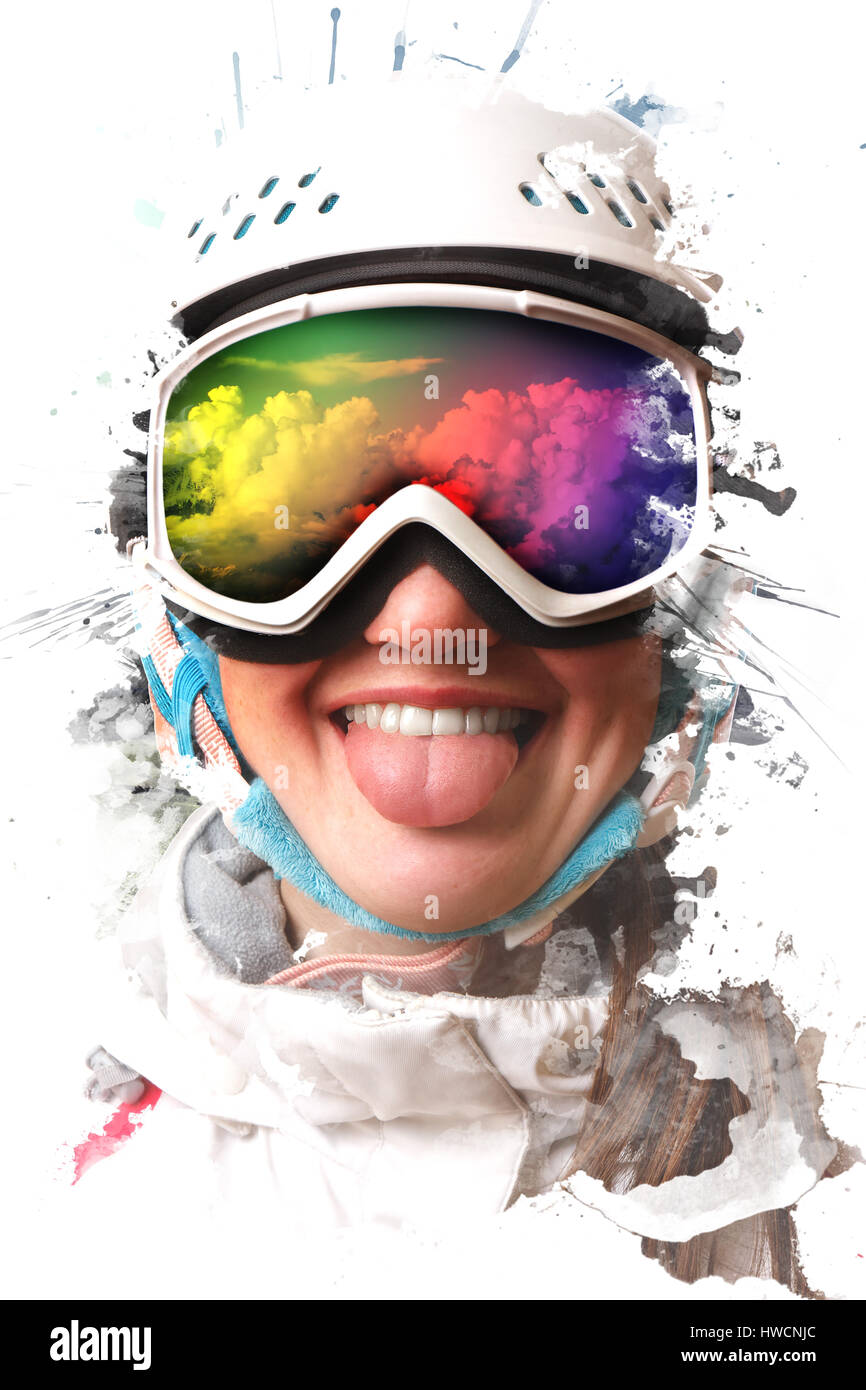 Eine junge Snowboard Mädchen trägt einen Helm und Brille, streckte ihre Zunge. Die Maske lässt sich die Nachfrage Stockfoto