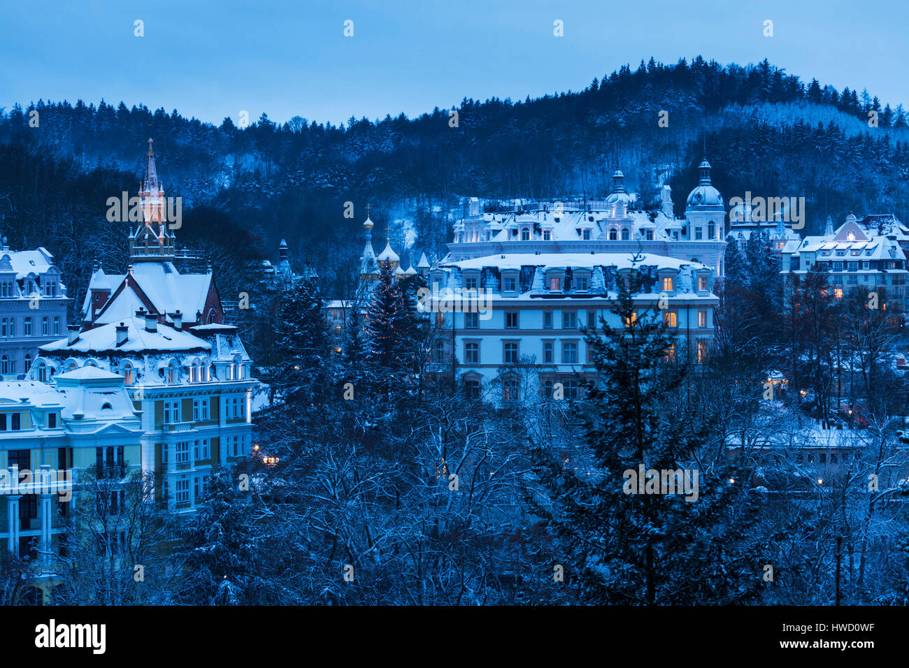 Winter in Karlovy Vary/Karlsbad. Karlovy Vary (Karlsbad), Böhmen, Tschechien. Stockfoto