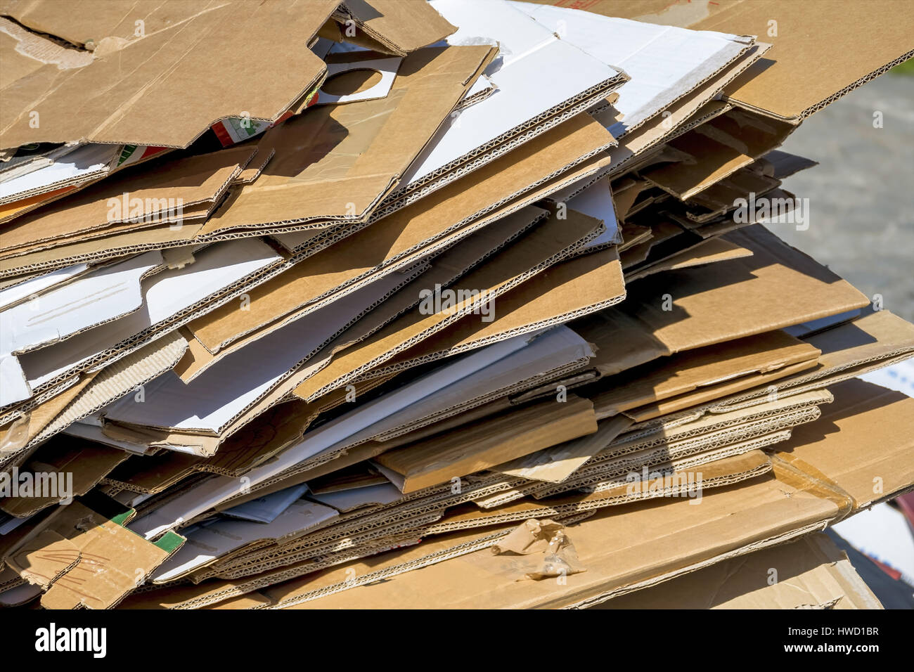 Pappen warten auf die Sammlung von der Müllabfuhr. Das Recycling von Altpapier, Kartons Warten Auf Die Abholung Durch Die Müllabfuhr. Recycling Stockfoto