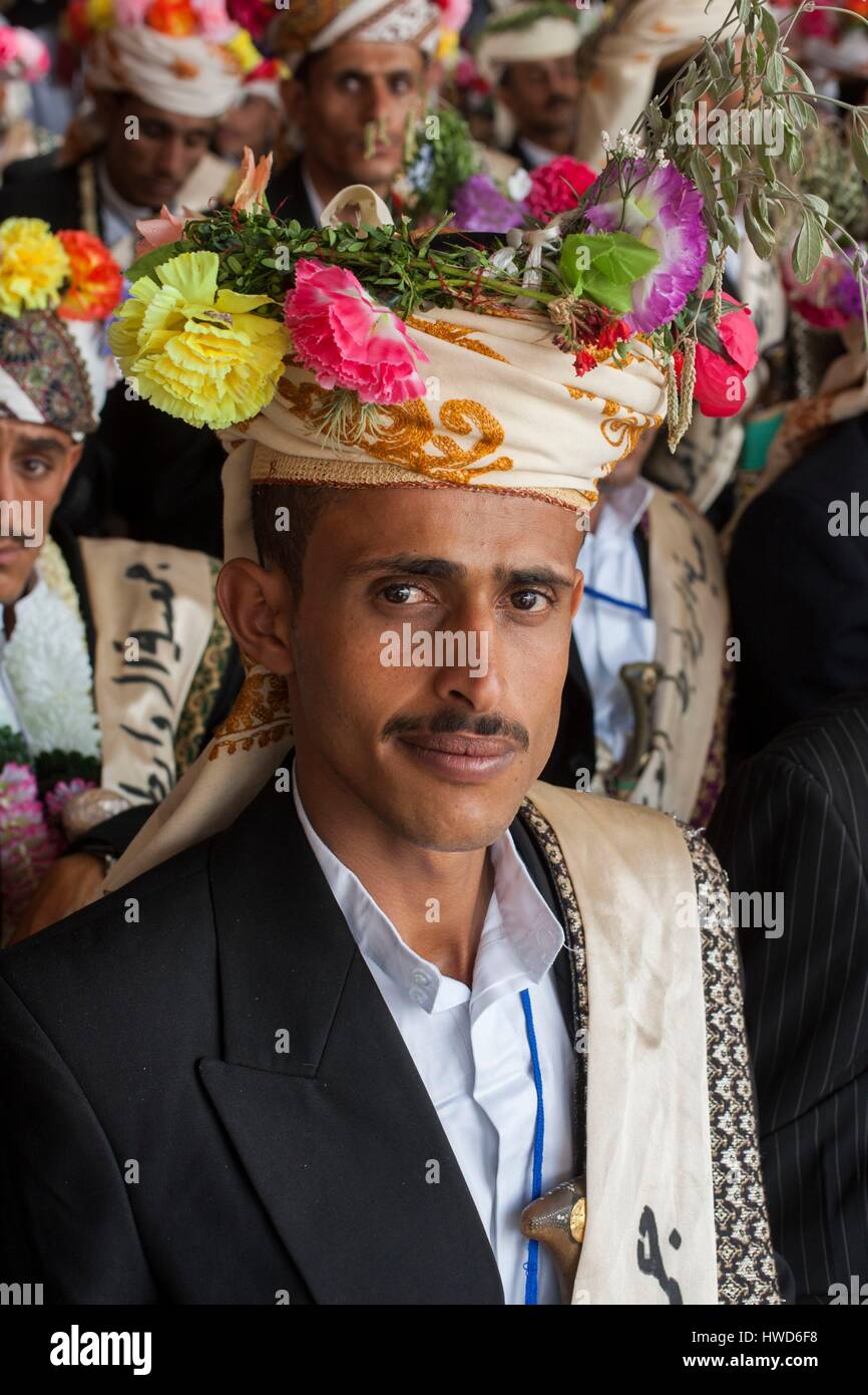 Jemen, ein Bräutigam während der gemeinsamen Ehe (250 Hochzeiten) auf der Hauts Plateaux Stockfoto