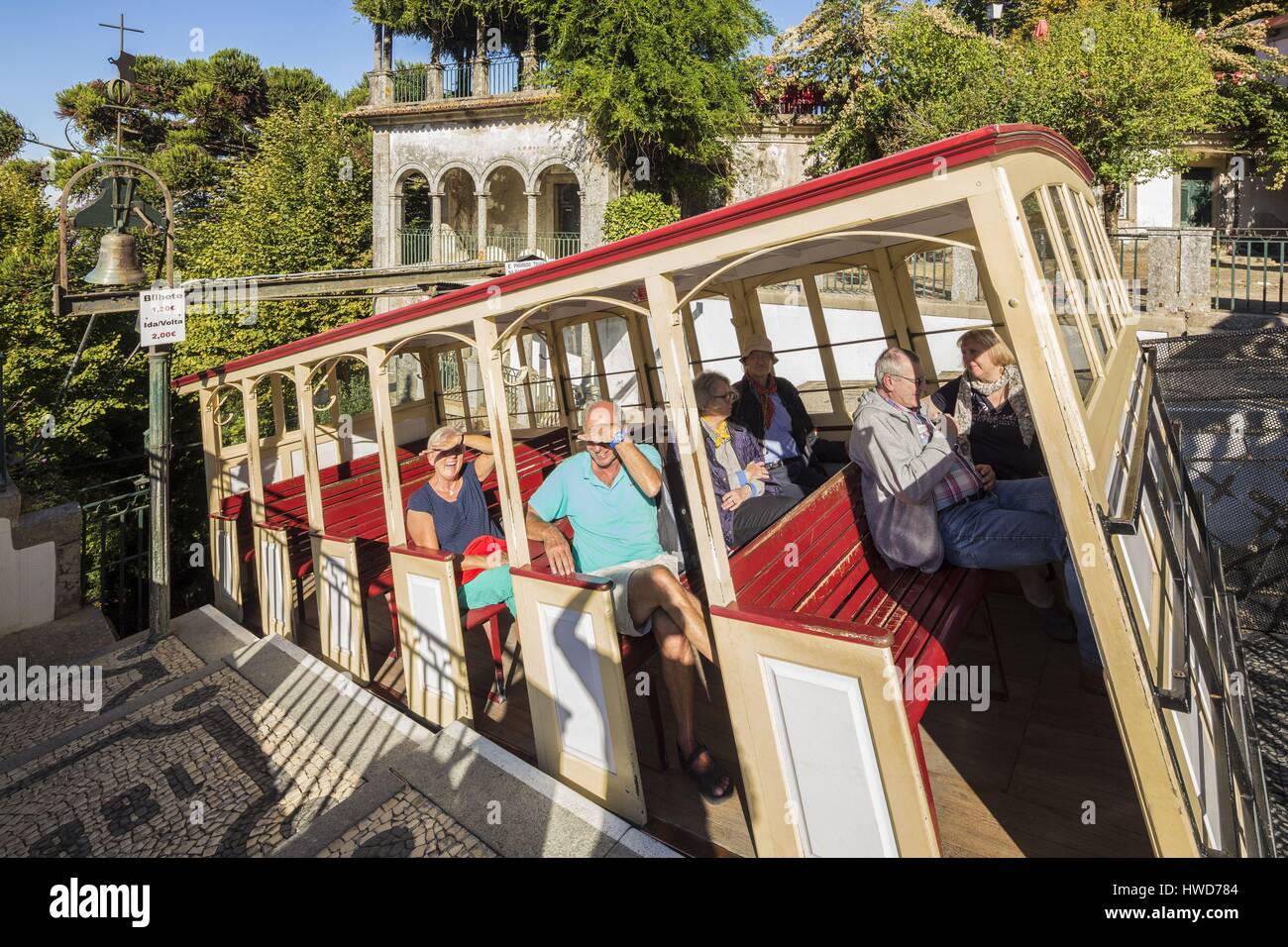 Portugal, Minho Region, Braga, europäische Hauptstadt der Jugend 2012, die Wallfahrtskirche Bom Jesus do Monte, die Standseilbahn Datierung von 1882 mit Wasser Stockfoto