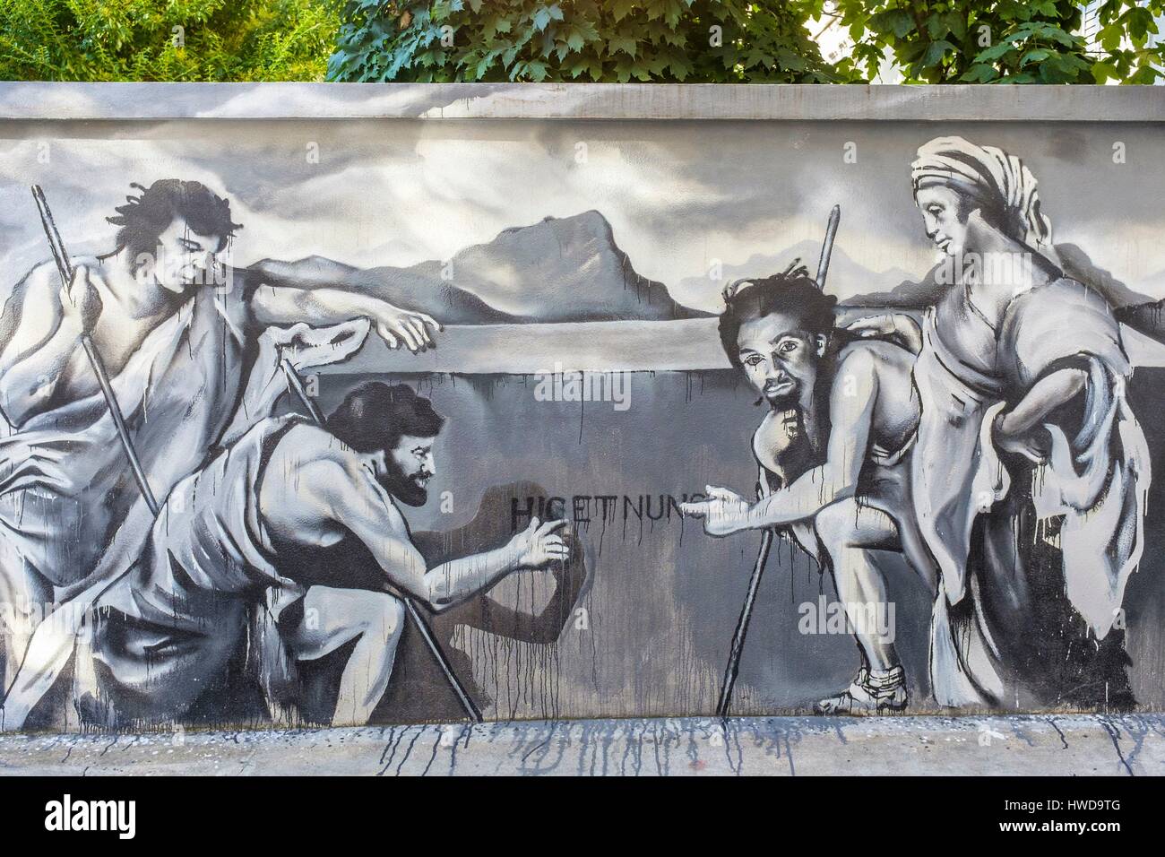 Frankreich, Isère, Grenoble, Grenoble Street Art Fest, Dutzende Künstler äußern sich in den Straßen der Stadt, die Interpretation der Arkadischen Hirten von Nicolas Poussin Künstler Kouka, Bergers Straße Stockfoto