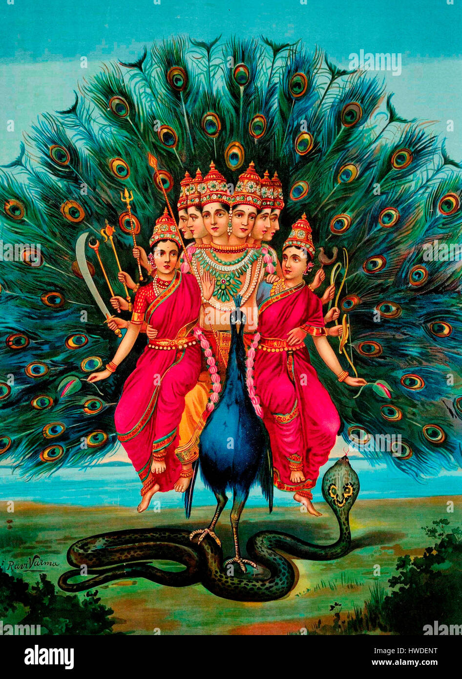 Hindu-Gottheit Karktikeya oder Murugan mit seiner Gemahlinnen auf seinem Vahana Pfau. Raja Ravi Varma Stockfoto