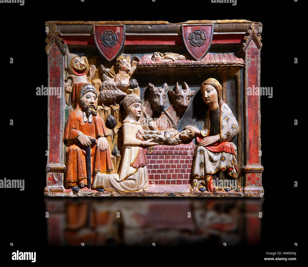 Gotisches Relief der Geburt Christi von Master Albesa gemalt. Nationales Museum für katalanische Kunst, Barcelona, Spanien, Inv keine: 017342-000 Stockfoto