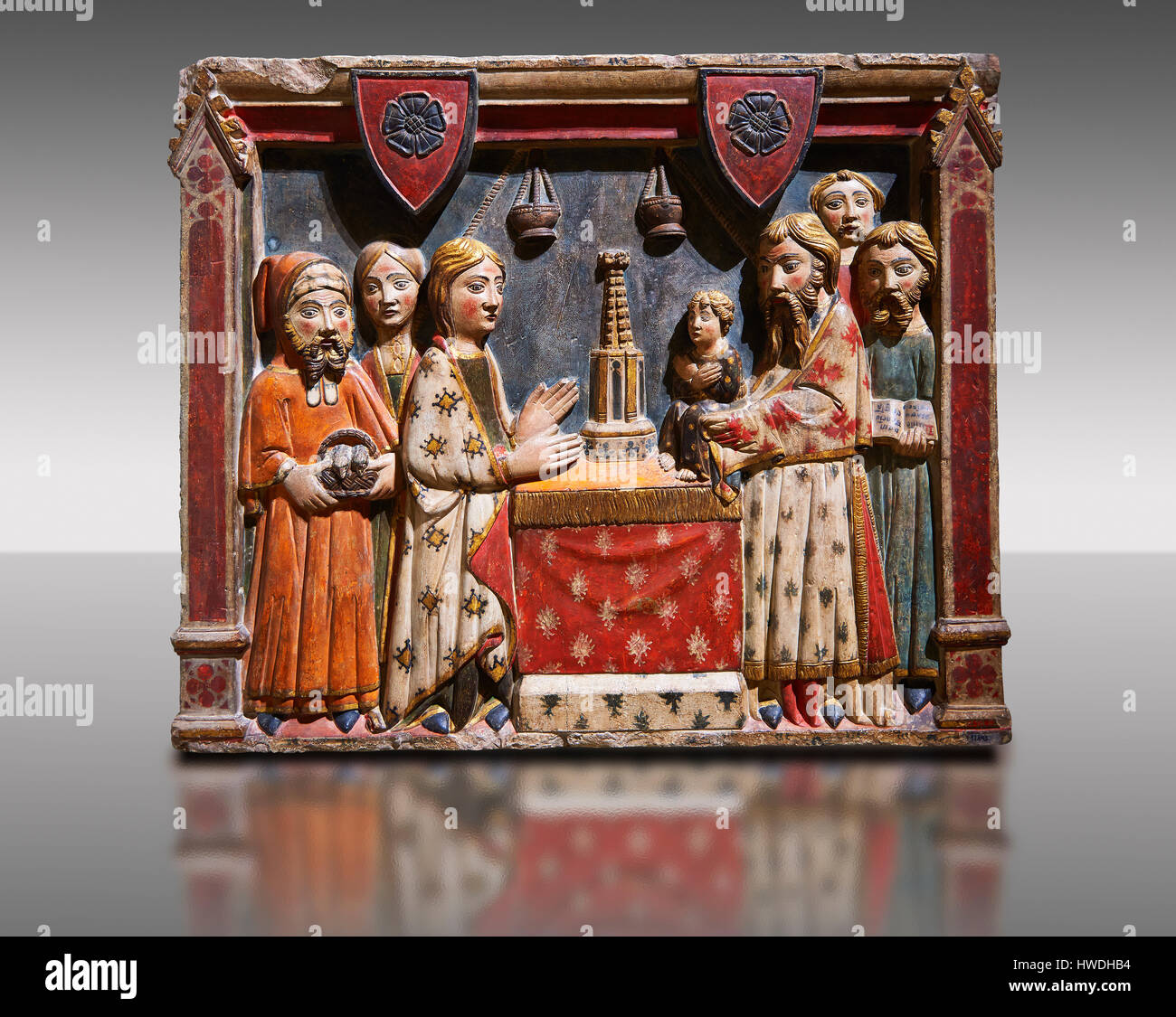 Gothic Basrelief von der Darstellung Jesu im Templeby Meister der Albesa gemalt. Nationales Museum für katalanische Kunst, Barcelona, Spanien, Inv keine: 017 Stockfoto