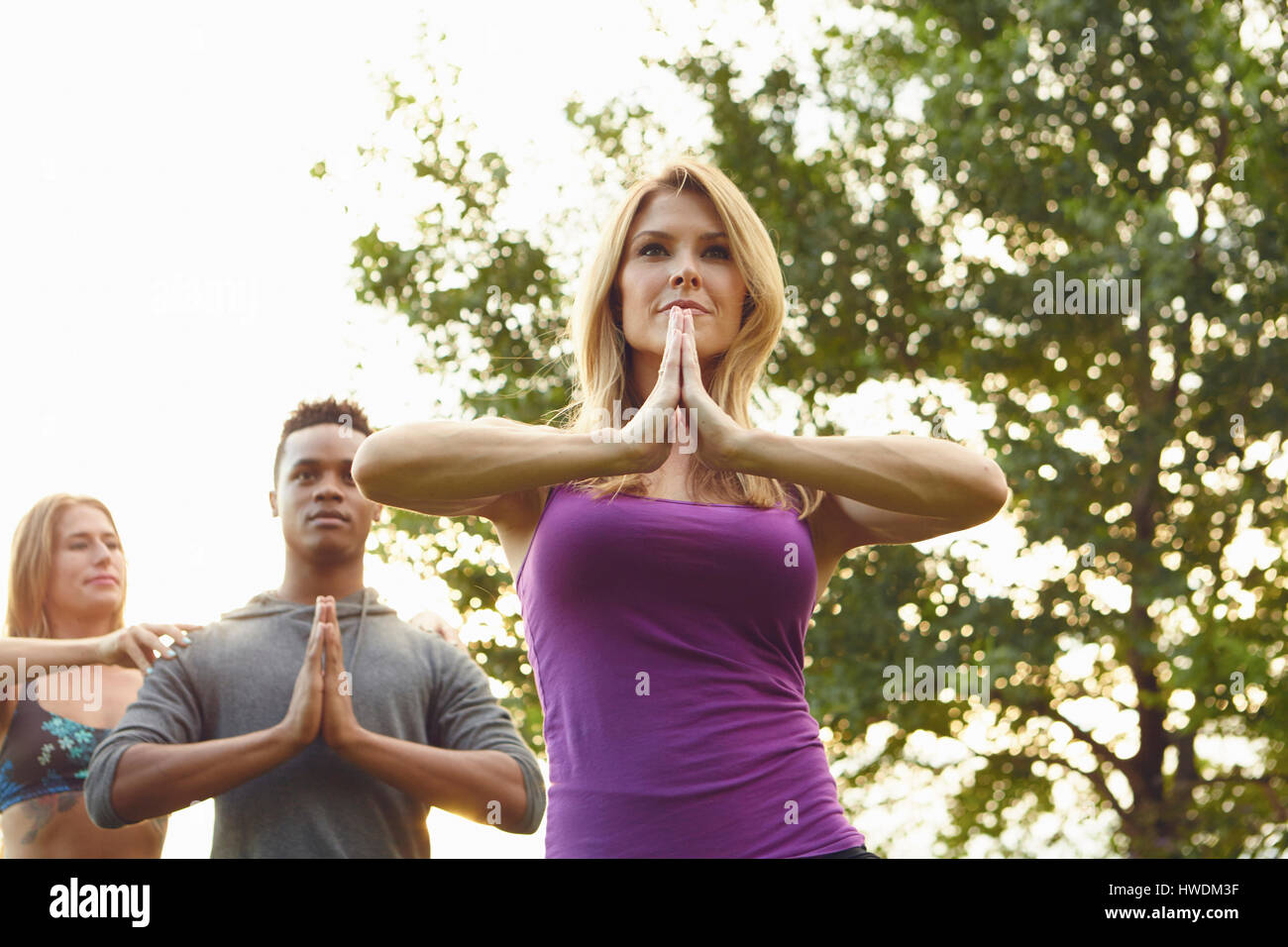 Männliche und weibliche Erwachsene praktizieren Yoga mit Händen zusammen im park Stockfoto