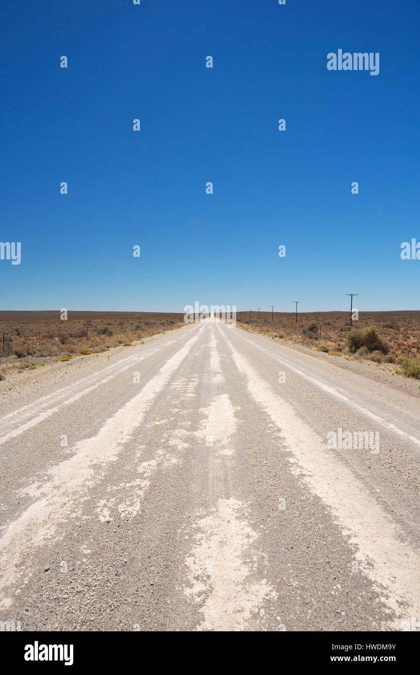 Ein gerader Feldweg durch die trockene Halbwüste der Karoo in Südafrika. Stockfoto