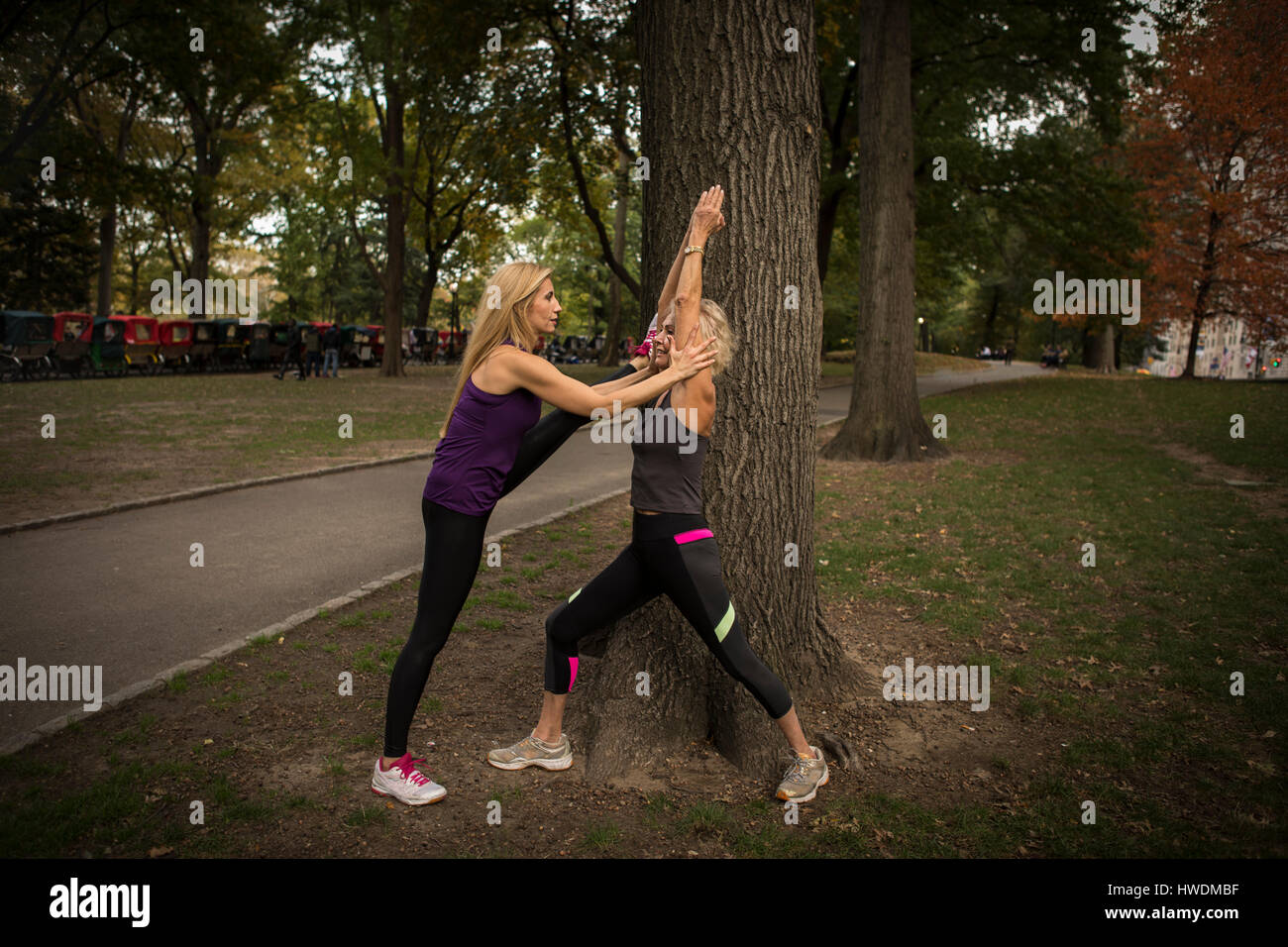 Zwei Reife Freundinnen im Park training, stretching Stockfoto