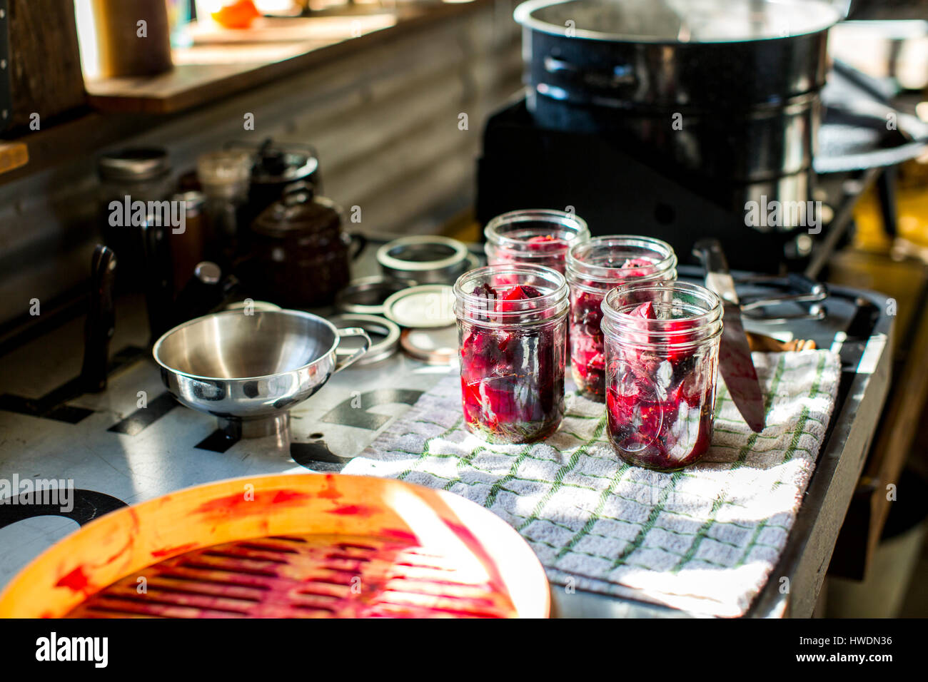 Gläser mit rote Bete auf Geschirrtuch in Küche bewahrt Stockfoto