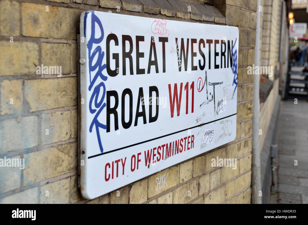 Great Western Road W11 Straßenschild, Westbourne Park, London, UK. Stockfoto