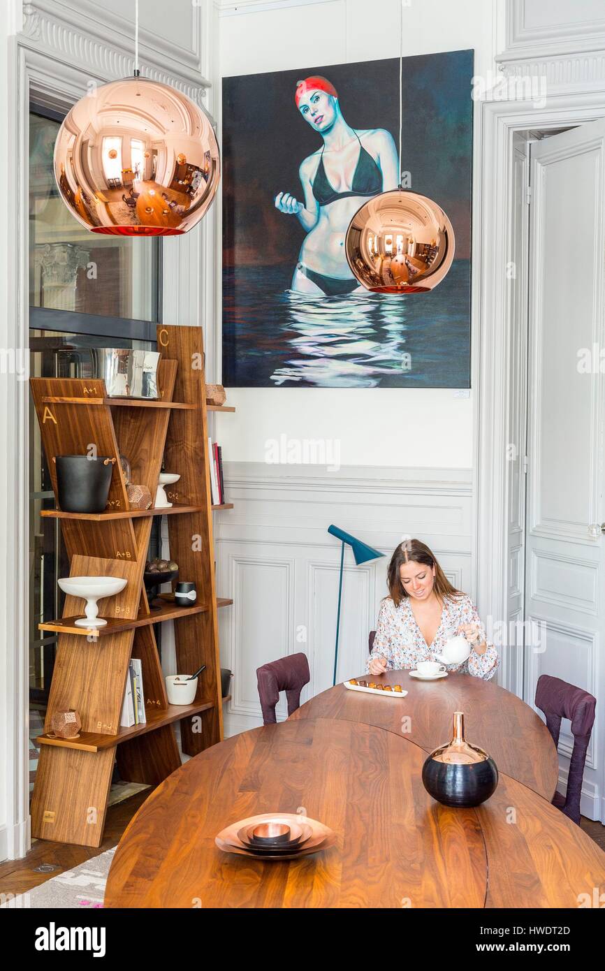 Frankreich, Gironde, Bordeaux, Hotel Yndo, 5-Sterne-Haus von Agnes Guiot du Doignon gegründet und befindet sich in einem Herrenhaus des 19. Jahrhunderts, Esszimmer Stockfoto