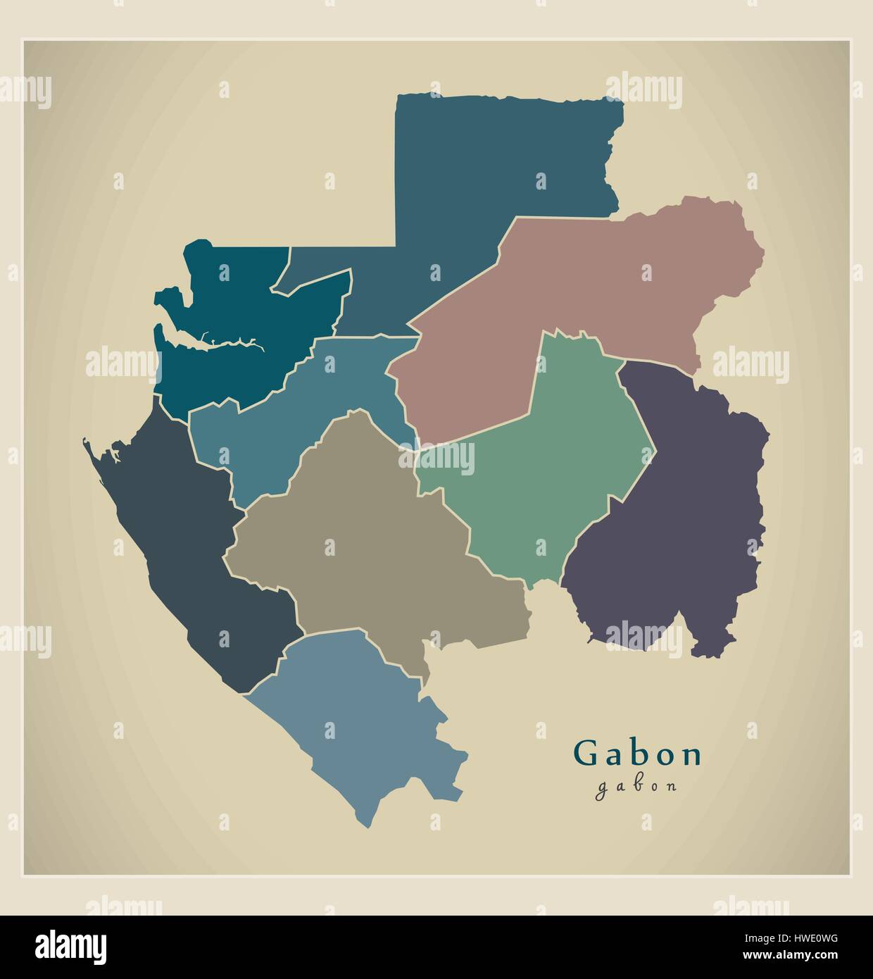 Moderne Karte - Gabun mit farbigen GA Provinzen Stock Vektor