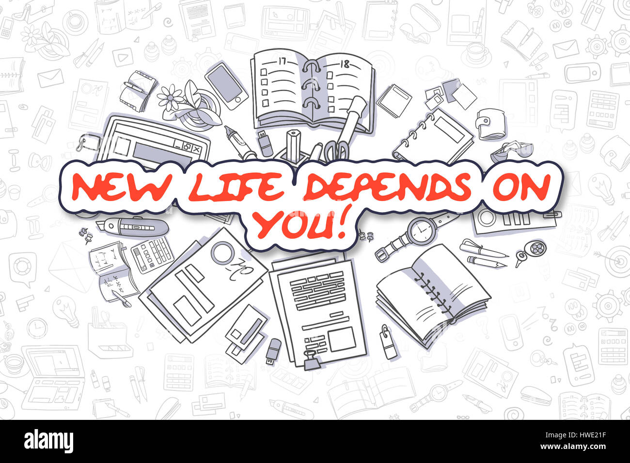 Neues Leben hängt davon ab, Sie - Doodle rotes Wort. Business-Konzept. Stockfoto