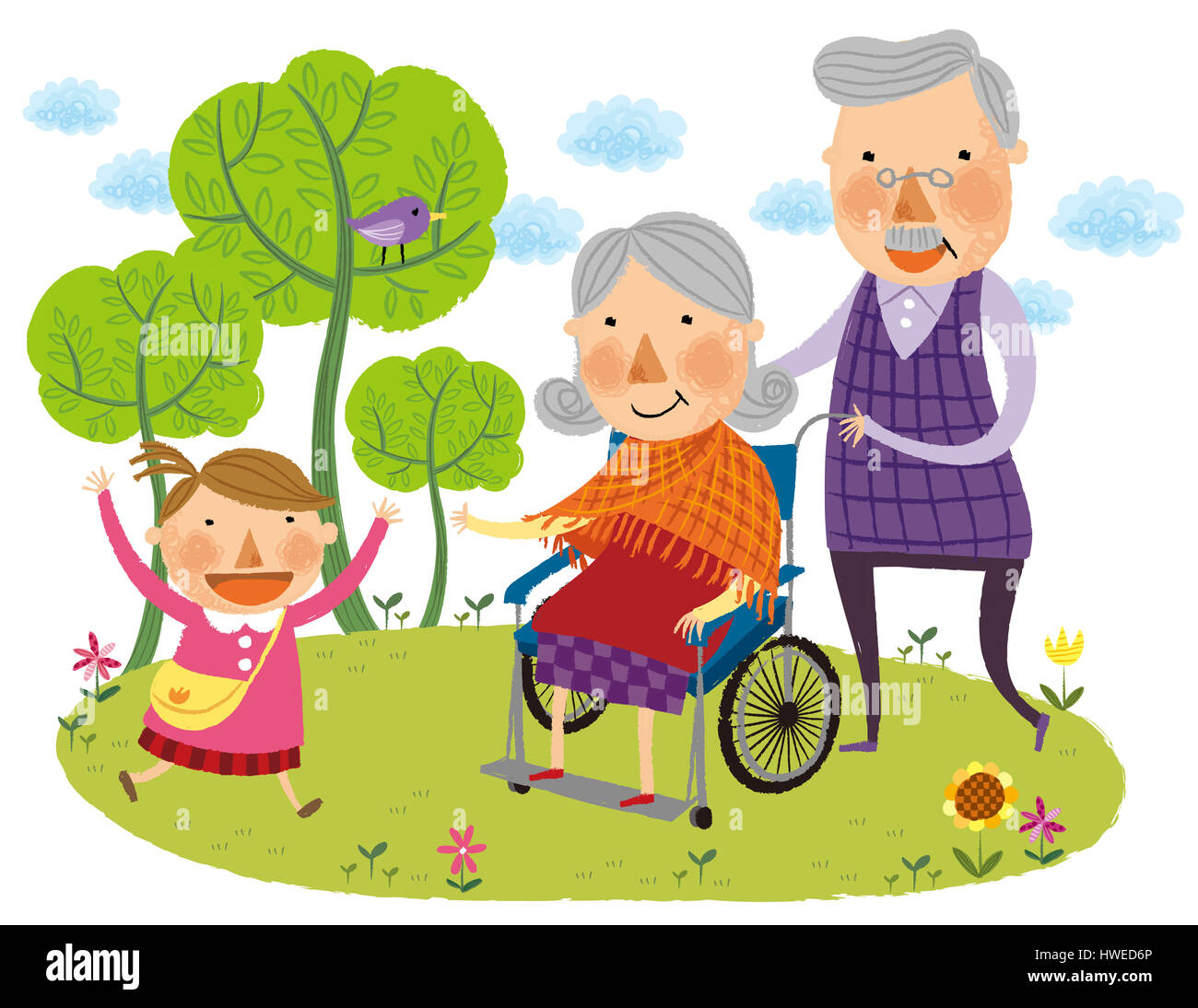 Ältere Paare, Rollstuhl, nicht gut, Krankheit, Schwäche, Nichteignung, Enkelin, Großvater, baum, bäume, Garten, Park, grünes Gras, grüne Landschaft, grüne Farbe, Grün, Blumen, Jubel, heiter, zusammen treffen, Uniform, Auto, Tasche, Schultasche, Spielen, Familie, ältere Menschen, Senioren Stockfoto