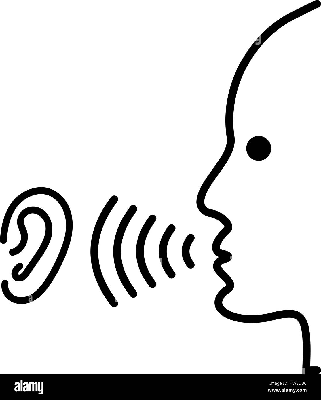 Sprechen Sie und hören Sie auf das Symbol. Schwarzer Kopf Symbol der Mann spricht im Ohr Stock Vektor