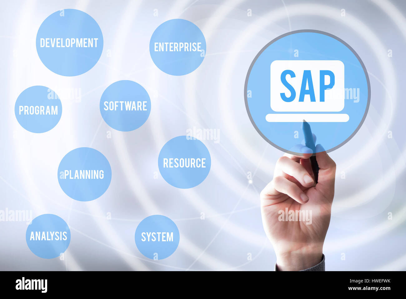 Hand zu berühren eine Touchscreen-Oberfläche mit virtuelle Darstellung von SAP Stockfoto