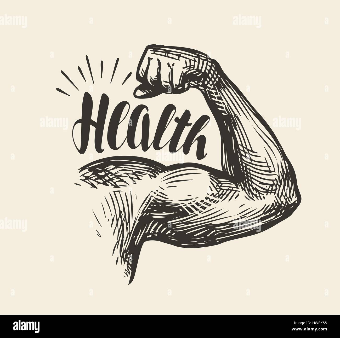 Starke Armmuskeln, Bizeps. Fitness-Studio, Bodybuilding Gesundheit Skizze. Schriftzug, Vektor-illustration Stock Vektor