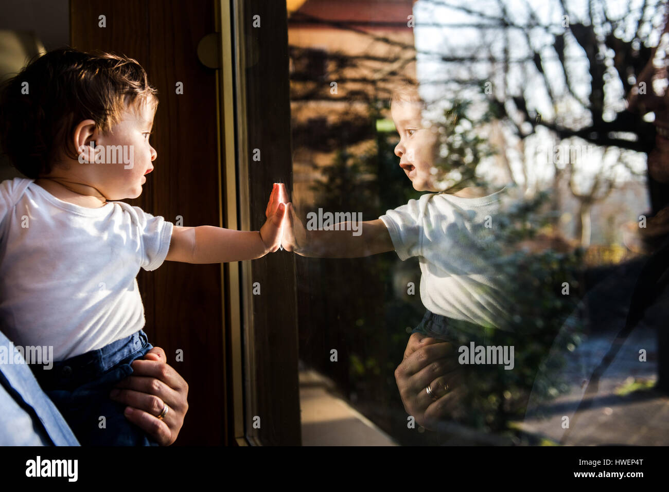 Baby Junge in den Armen des Vaters auf der Suche durch und berührende Fenster Stockfoto
