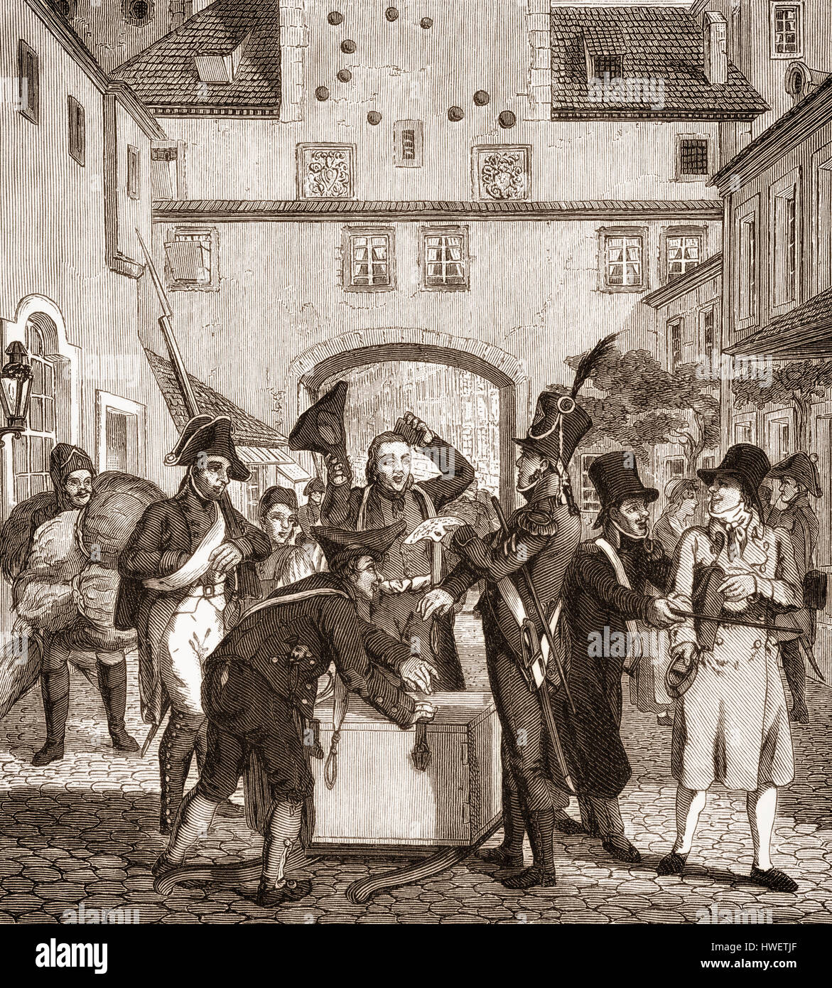 Das Embargo gegen den britischen Handel in Leipzig, Deutschland, die Kontinentalsperre oder Kontinentalsperre, der Berliner Dekret, 1806 Stockfoto