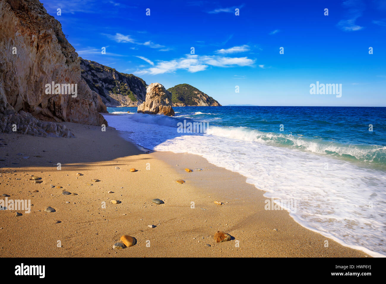 Insel Elba, Portoferraio Sansone la Sorgente Strandküste. Toskana, Italien, Europa. Langzeitbelichtung. Stockfoto