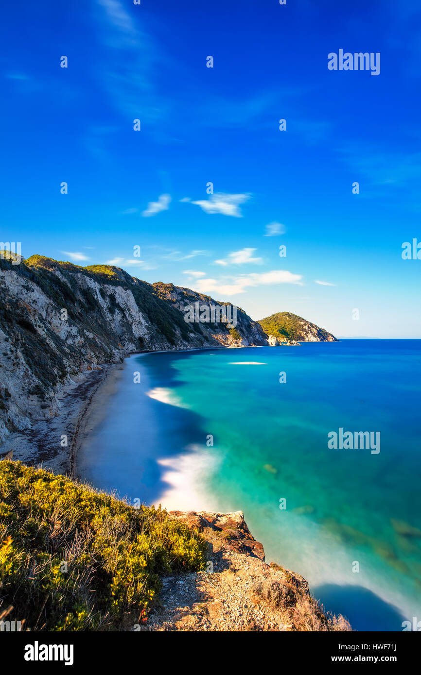 Insel Elba, Portoferraio Sansone weißen Strandküste. Toskana, Italien, Europa. Langzeitbelichtung. Stockfoto