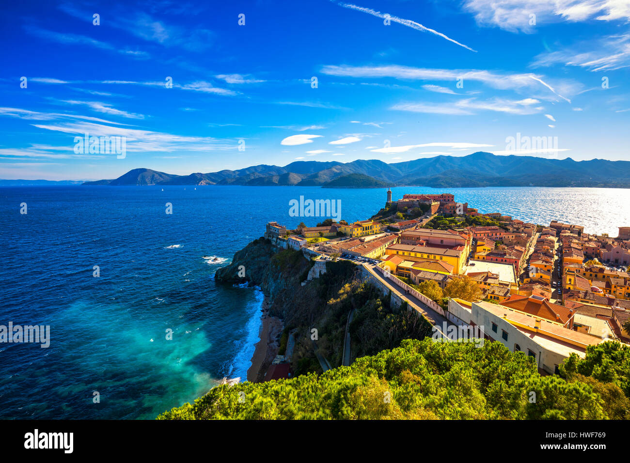 Insel Elba, Portoferraio Luftbild. Leuchtturm und Fort. Toskana, Italien, Europa. Stockfoto