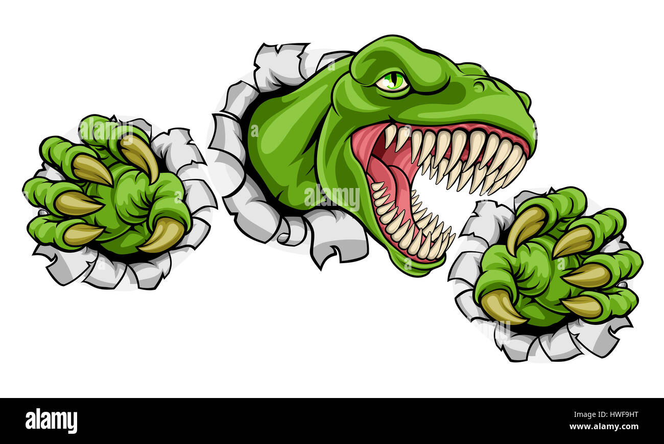 Ein Cartoon T Rex Tyrannosaurus Dinosaurier Maskottchen Rippen durch den Hintergrund mit seinen
