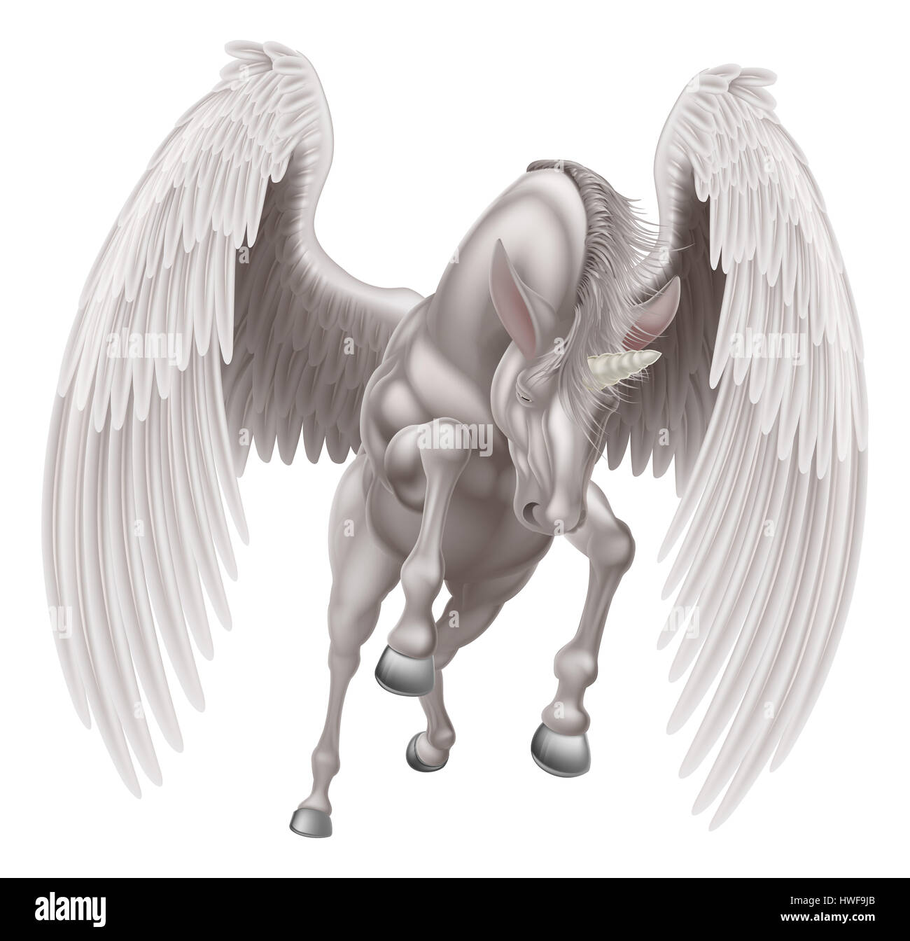 Ein Beispiel für ein weißes Pegasus Einhorn mythologischen geflügelte Pferd mit Horn Aufzucht auf den Hinterbeinen laufen, springen oder fliegen gesehen von der fr Stockfoto